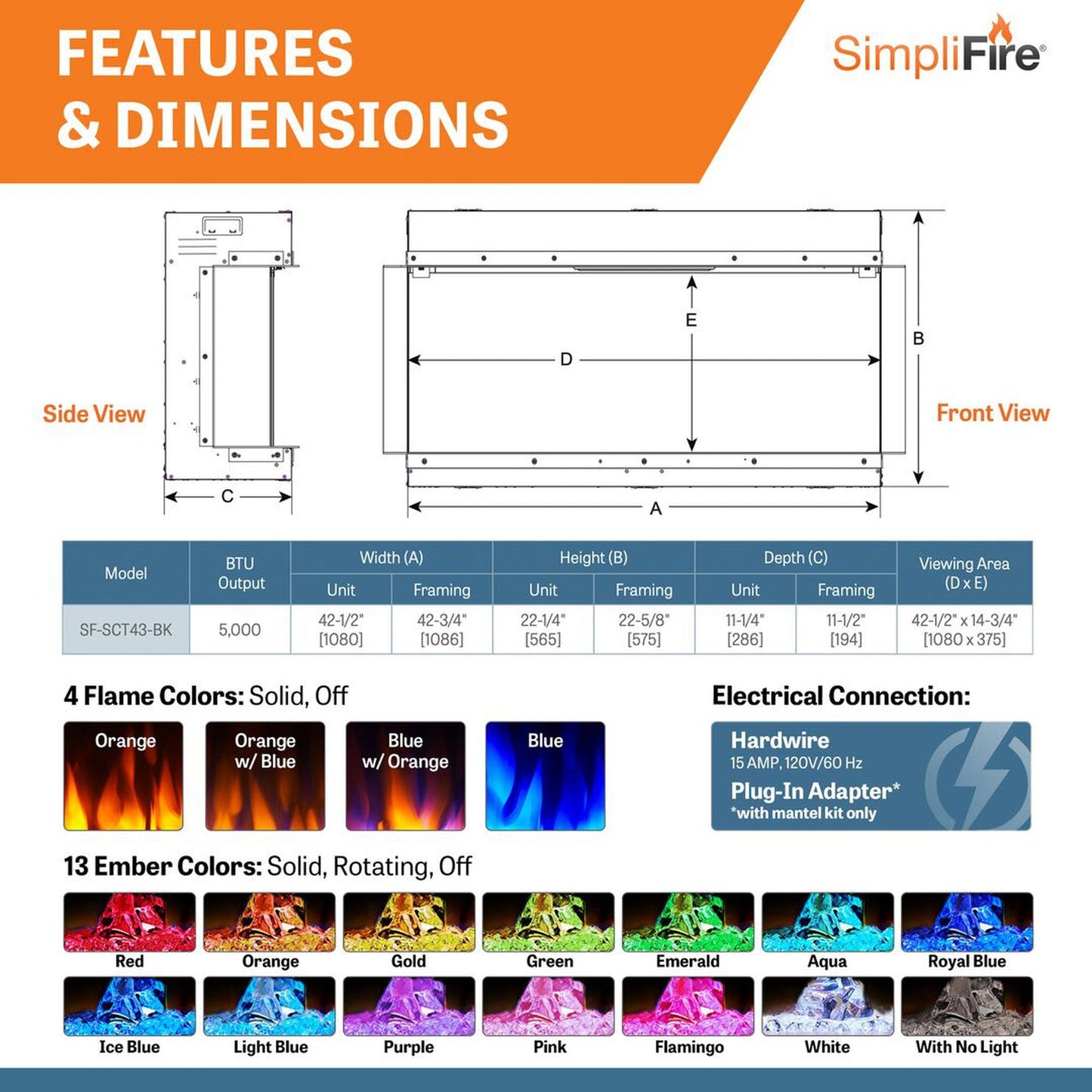 SimpliFire Scion Trinity 43" 3-Sided Linear Electric Built-In Fireplace