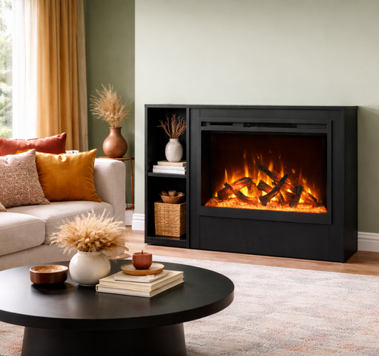 Amantii Black Contemporary Pedestal Display With Storage Compartment for 42" RusticStone Fireplace Insert