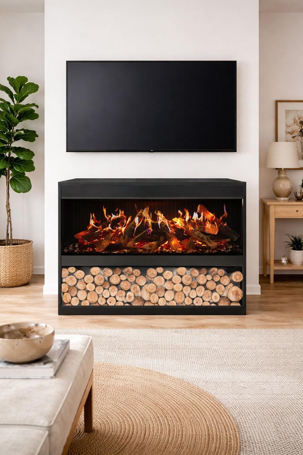 Amantii Black Contemporary Pedestal Display With Storage Compartment for Signature MultiView Holo 55" Fireplace