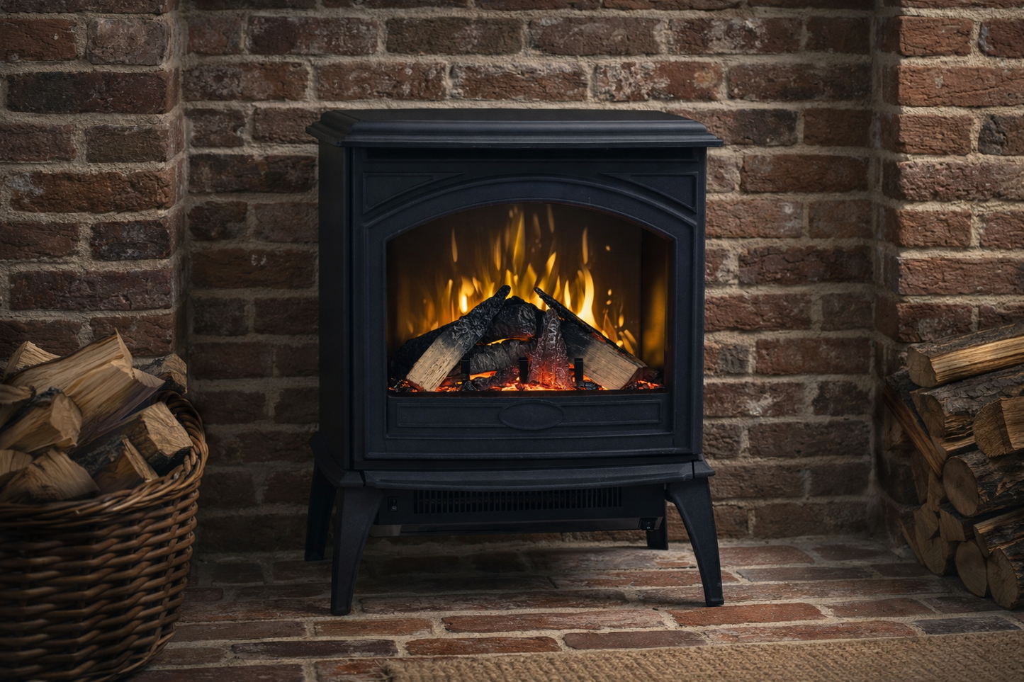 Amantii Lynwood Cast Iron E50-HO Freestanding High Power Electric Fireplace With Lit Logs & Split Logs