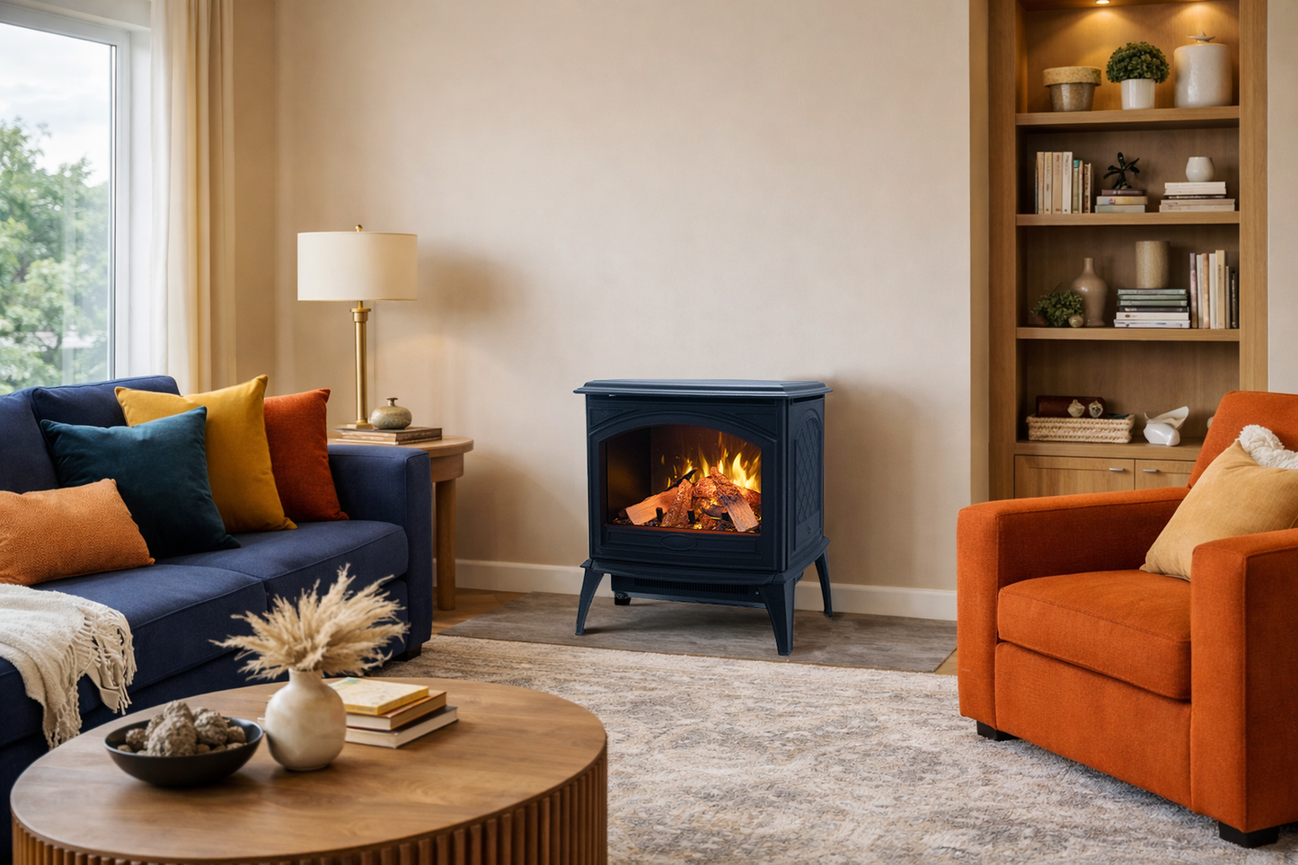 Amantii Lynwood Cast Iron E50-HO Freestanding High Power Electric Fireplace With Lit Logs & Split Logs