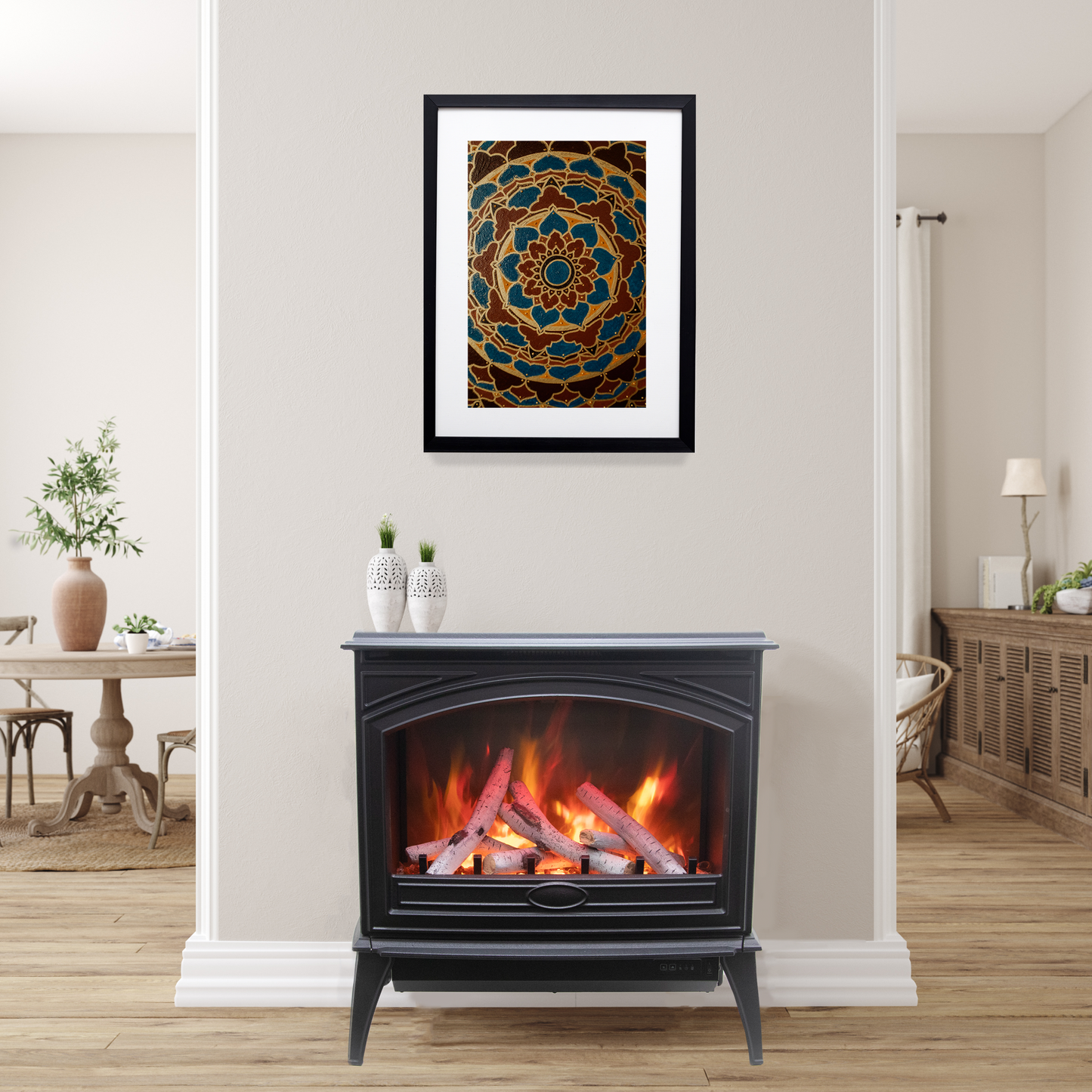 Amantii Lynwood Cast Iron E50-HO Freestanding High Power Electric Fireplace With Lit Logs & Split Logs