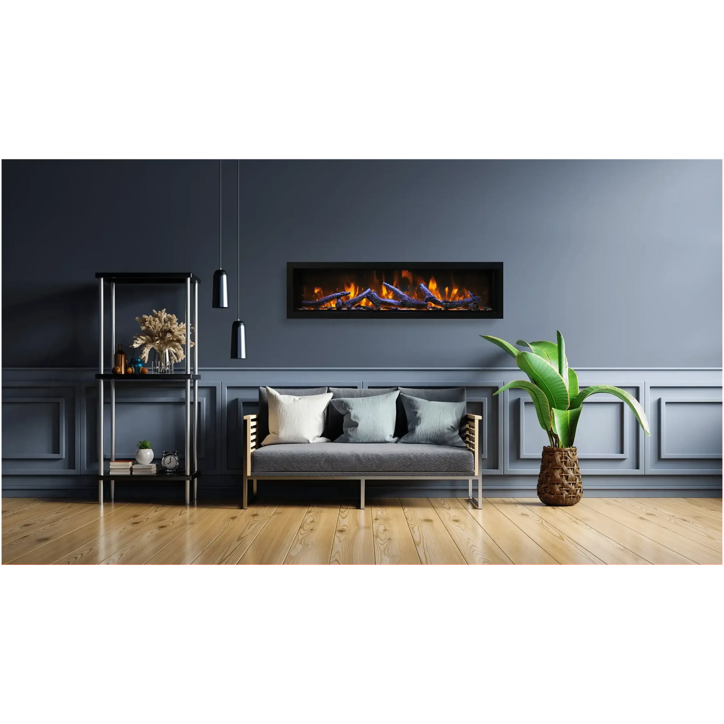 Amantii Panorama BI Deep & Extra Tall 88" Indoor / Outdoor Full View Smart Built-in Electric Fireplace With Black Steel Surround