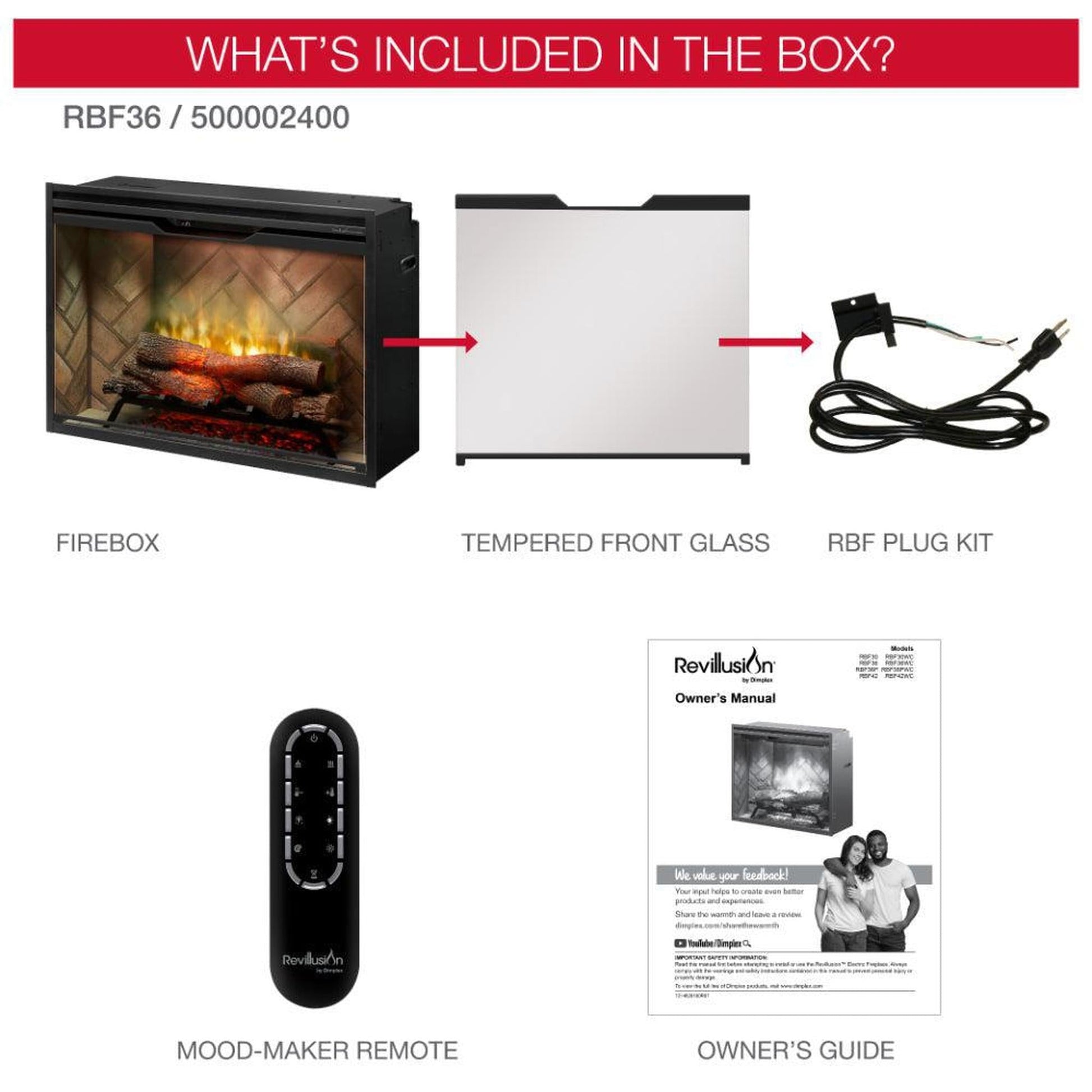 Dimplex Revillusion 36" Herringbone Brick Built-in Electric Firebox With Glass Pane and Plug Kit