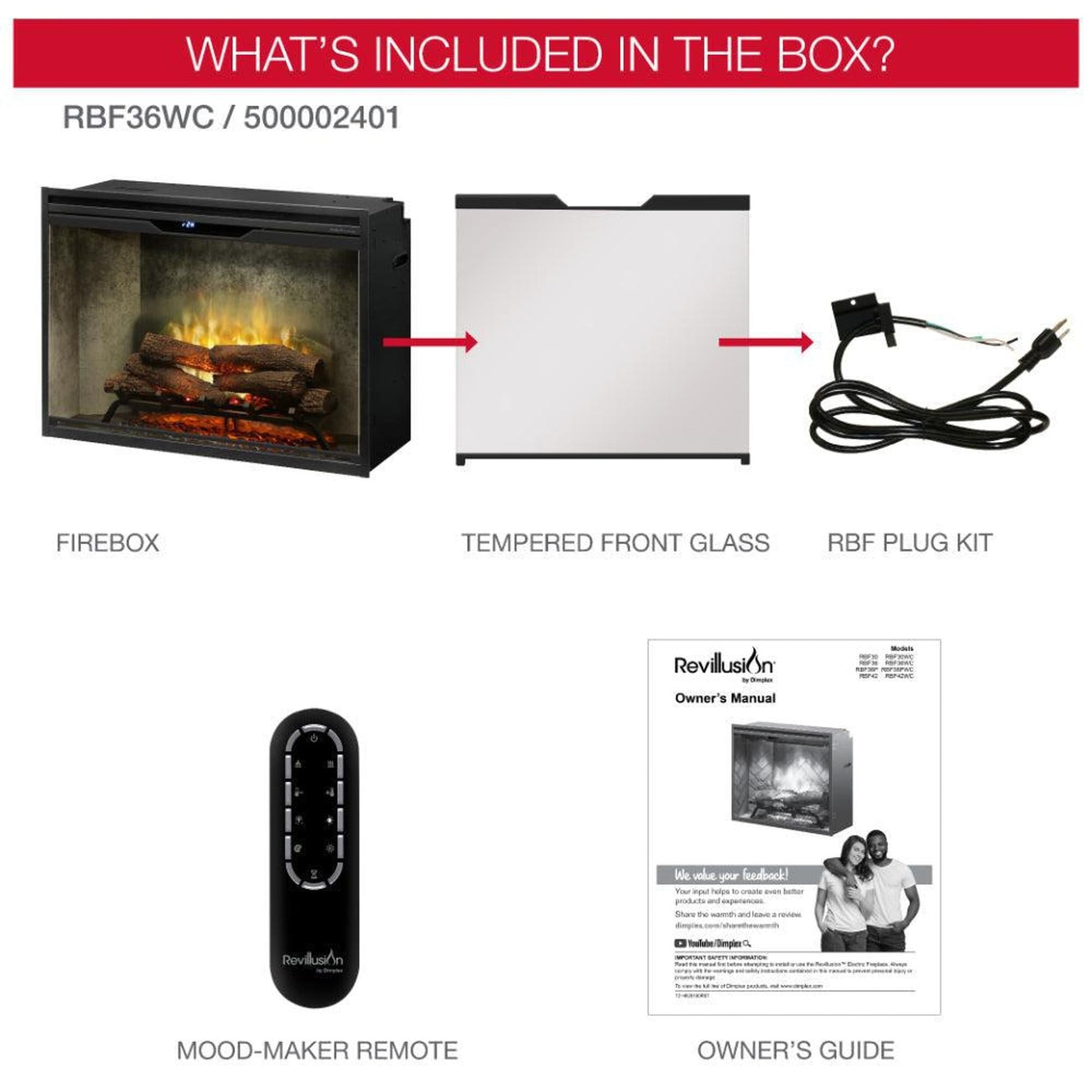 Dimplex Revillusion 36" Weathered Concrete Built-in Electric Firebox With Glass Pane and Plug Kit