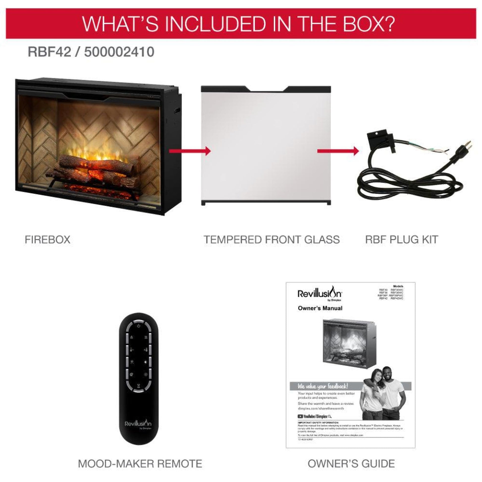 Dimplex Revillusion 42" Herringbone Brick Built-in Electric Firebox With Glass Pane and Plug Kit