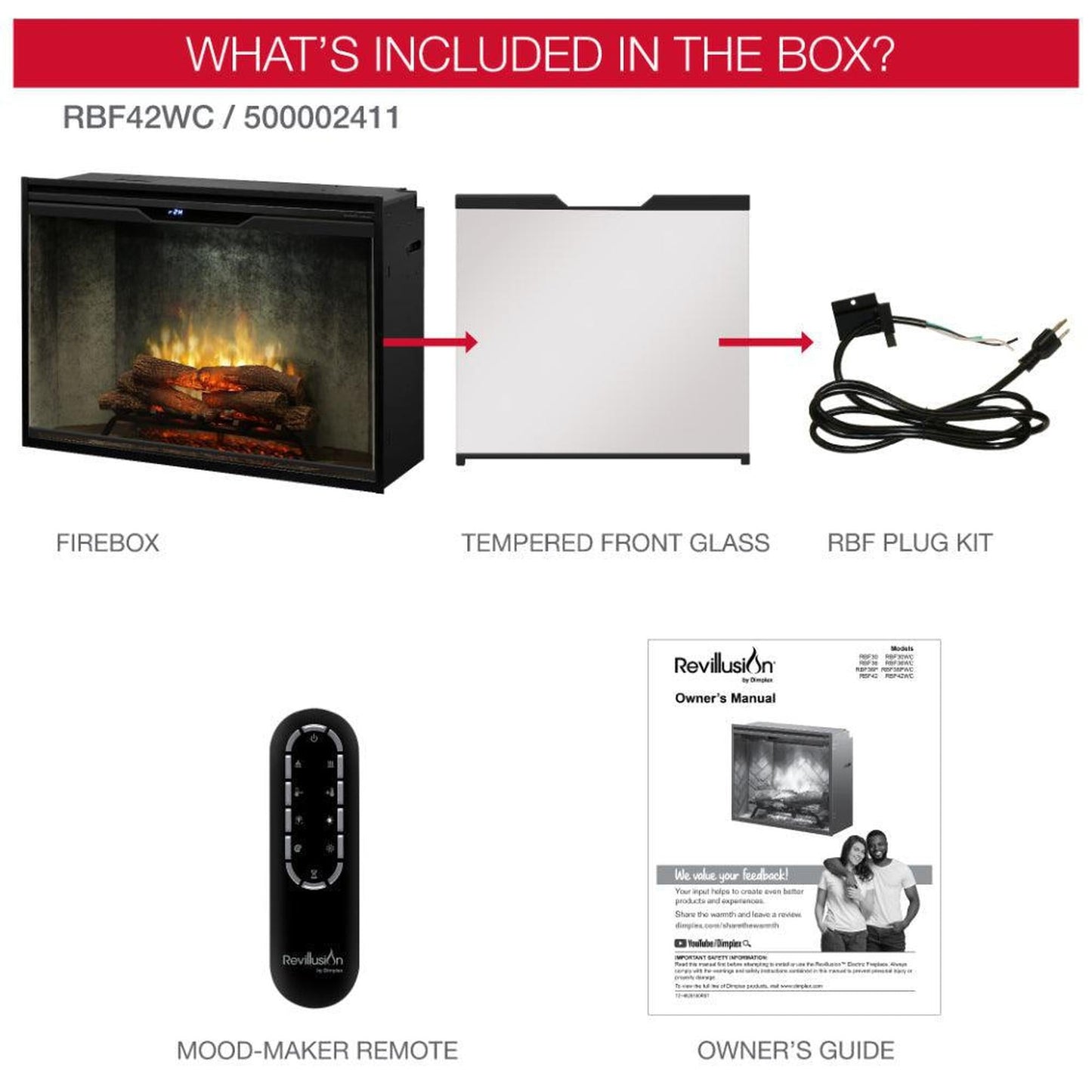 Dimplex Revillusion 42" Weathered Concrete Built-in Electric Firebox With Glass Pane and Plug Kit