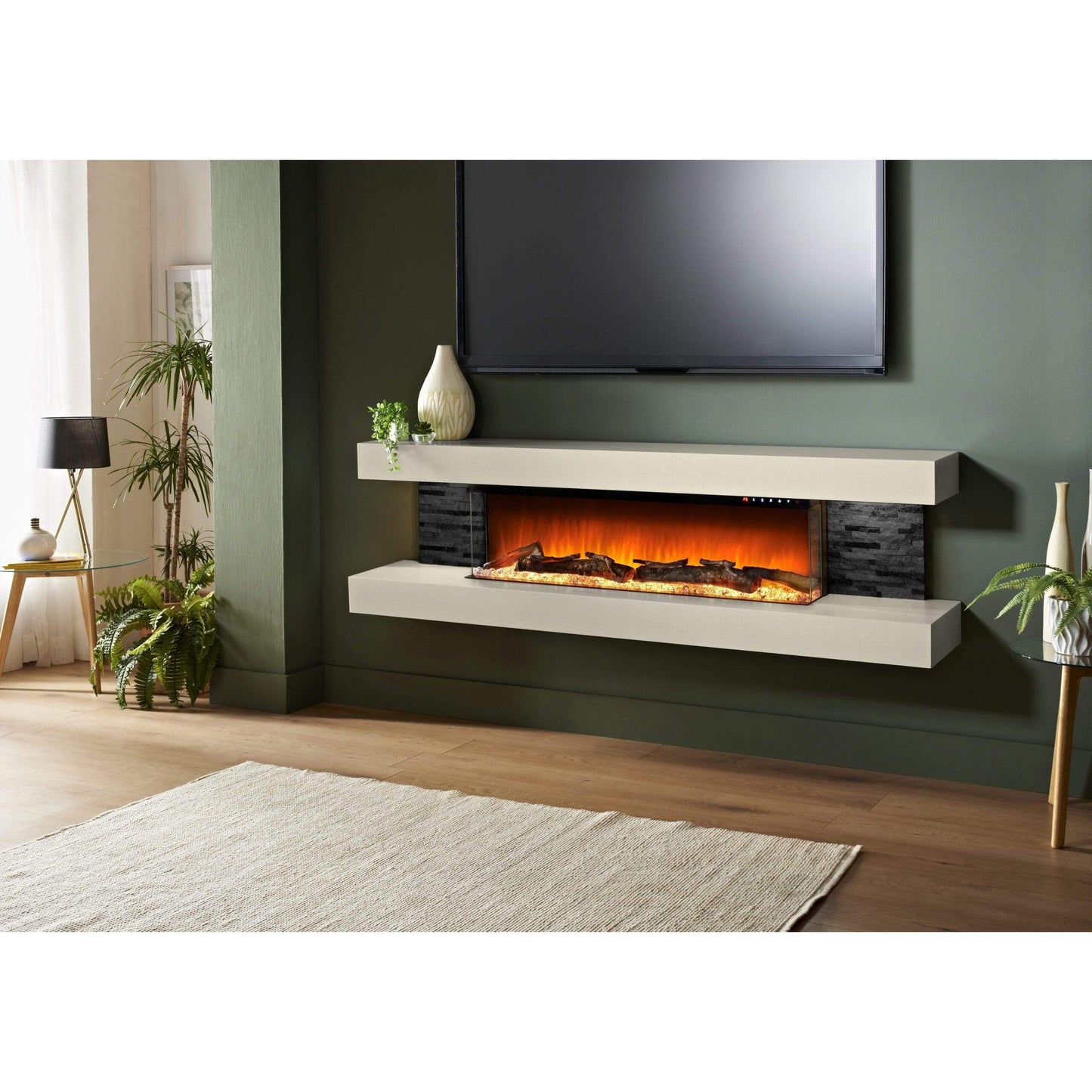 Evolution Fires 72" Vegas Black Stone Tiles Wall Mount Electric Fireplace - American Oak
