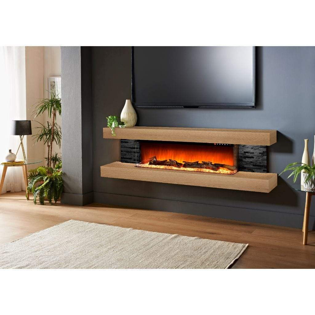 Evolution Fires 72" Vegas Black Stone Tiles Wall Mount Electric Fireplace - American Oak
