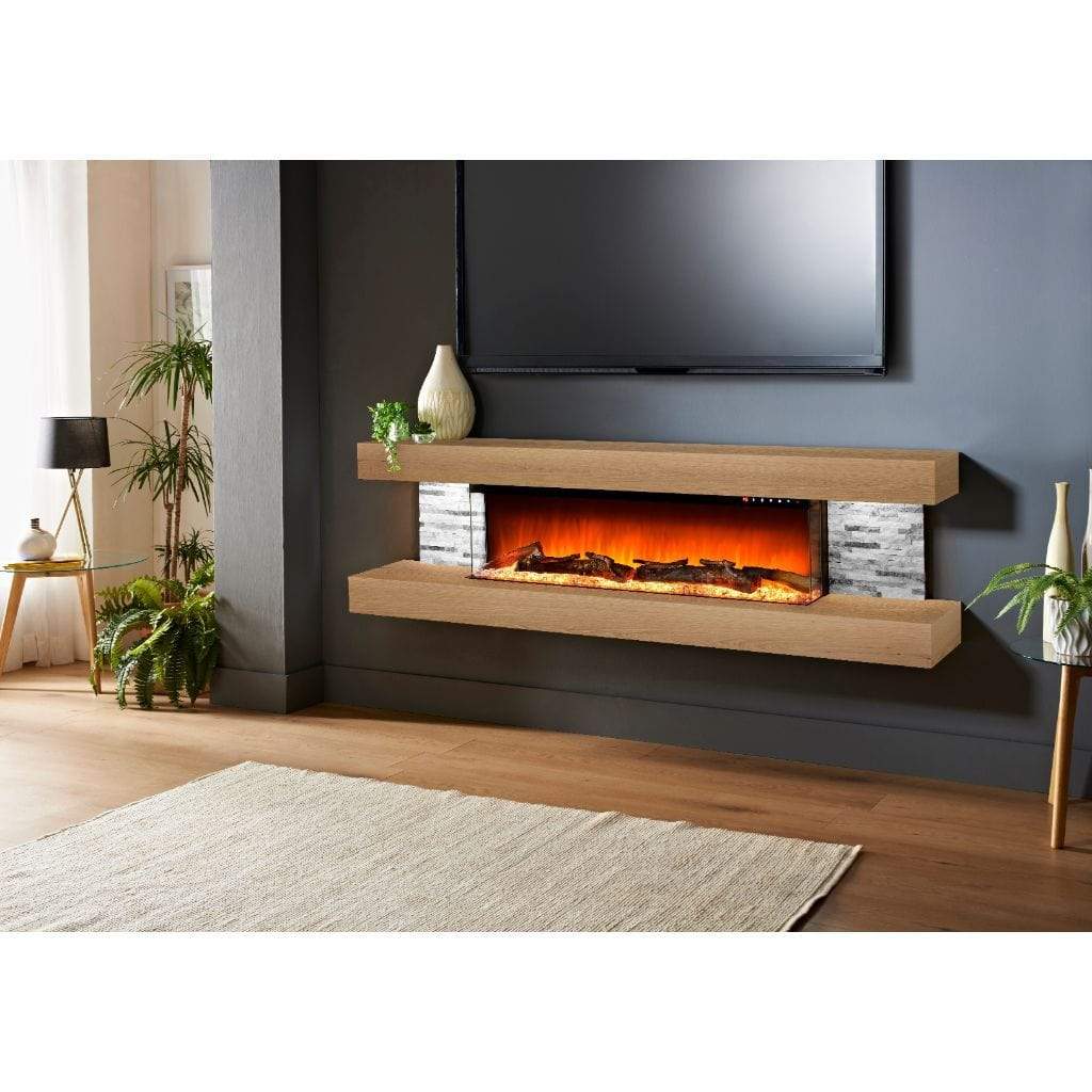 Evolution Fires 72" Vegas Grey Stone Tiles Wall Mount Electric Fireplace - American Oak