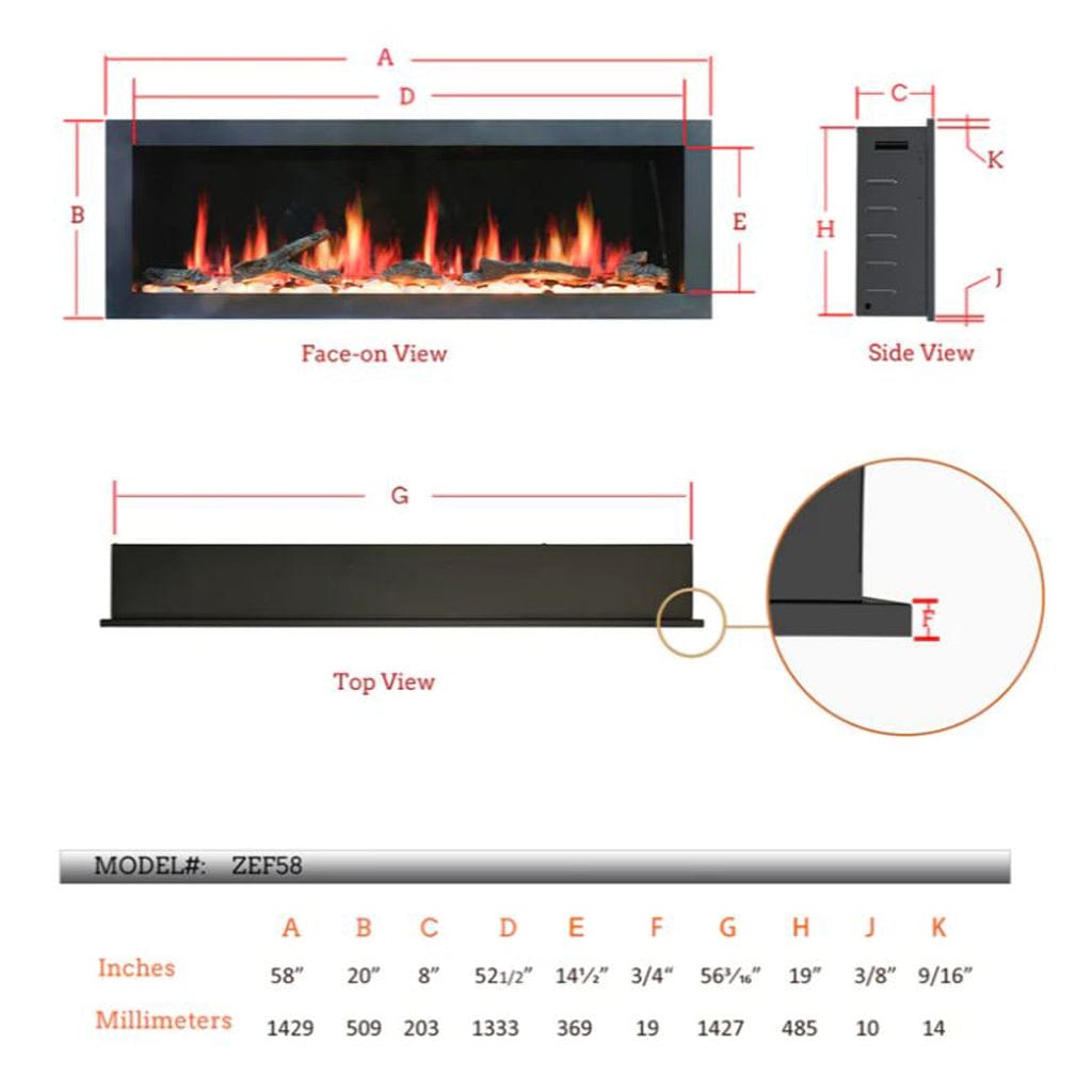 Litedeer 58" Gloria II Push-In Contemporary Smart Linear Built-In Electric Fireplace