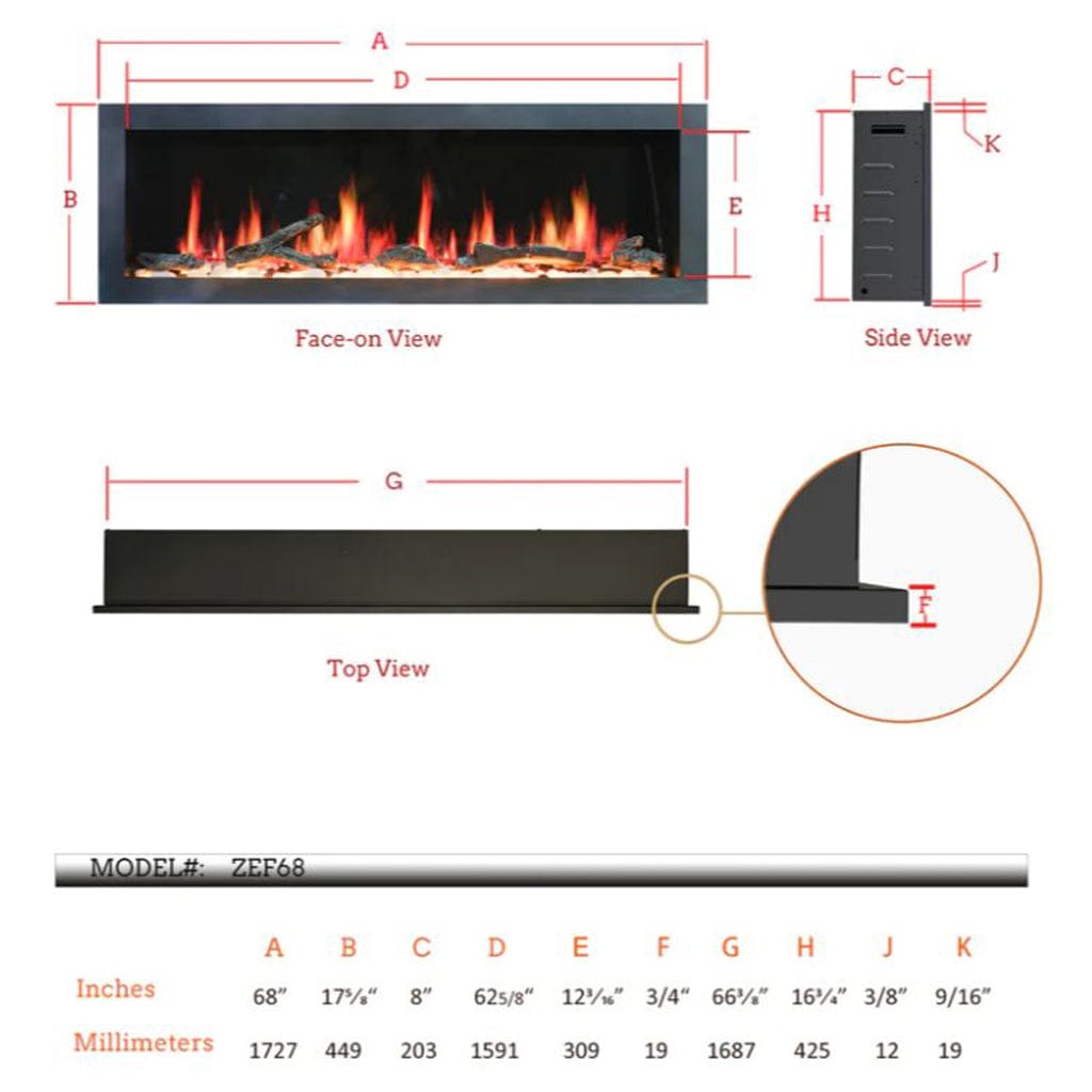 Litedeer 68" Gloria II Push-In Contemporary Smart Linear Vent-Free Built-In Electric Fireplace