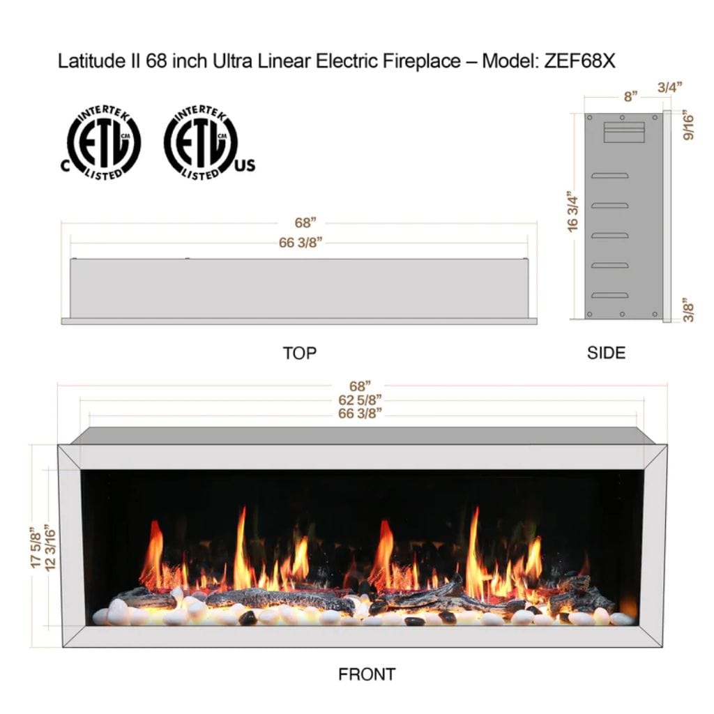 Litedeer 68" Latitude II Push-In Contemporary Smart Linear Built-In Electric Fireplace