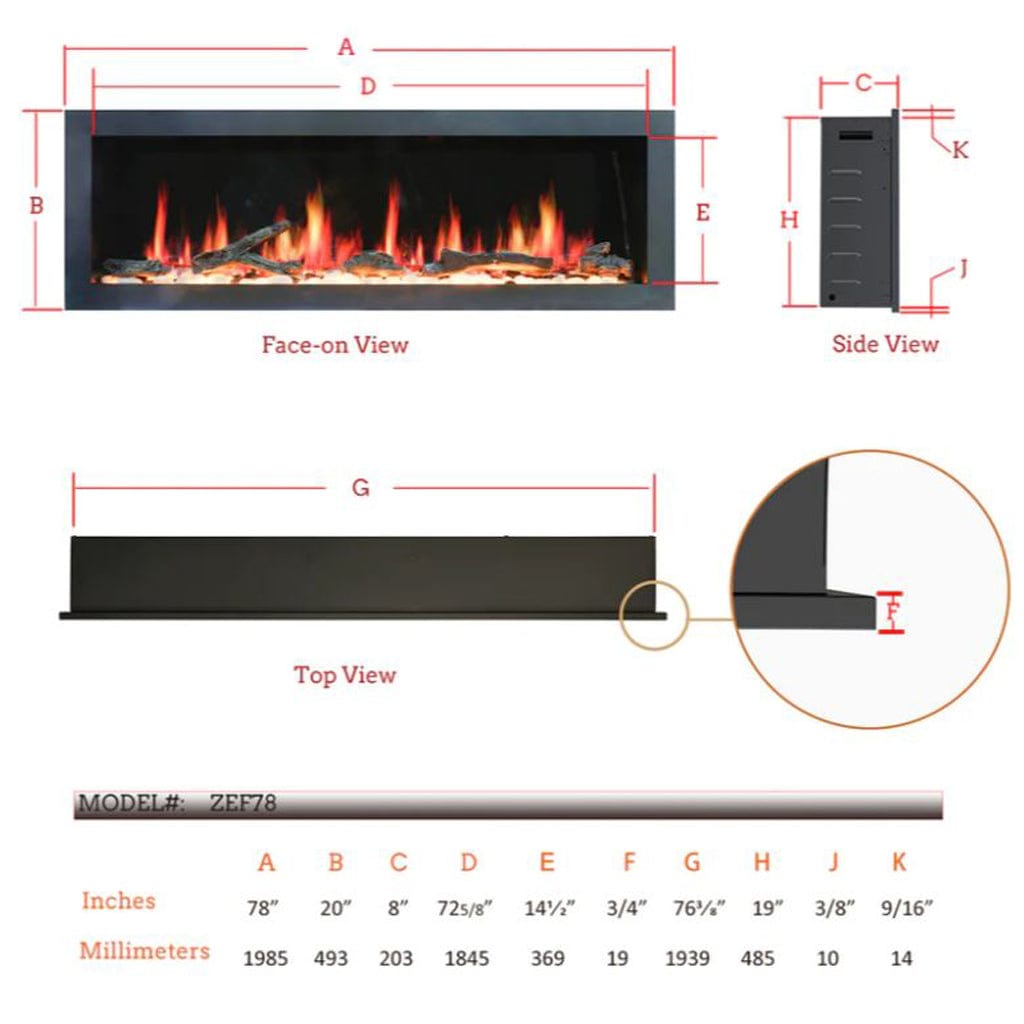 Litedeer 78" Gloria II Push-In Contemporary Smart Linear Vent-Free Built-In Electric Fireplace