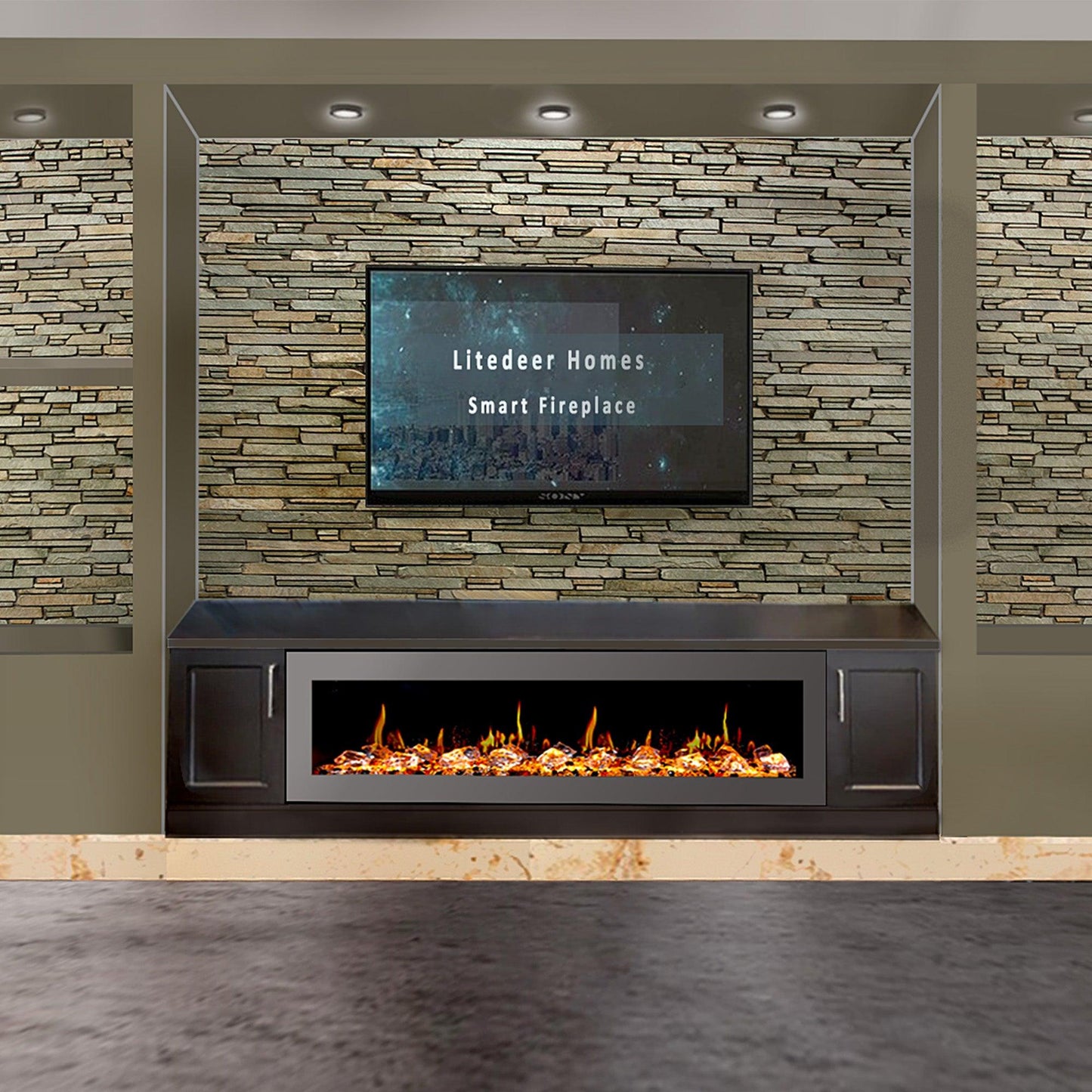 Litedeer Homes Gloria II 58" White Seamless Push-in Wall Mount Electric Fireplace With Crushed Ice Rocks