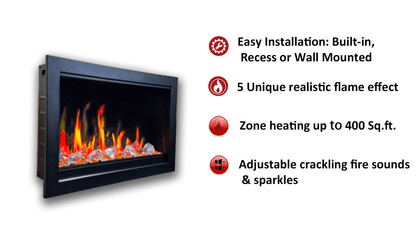 Litedeer Homes LiteStar 30" Black Smart Multi Flame Wall Mount Electric Fireplace Insert With Crushed Ice Rocks