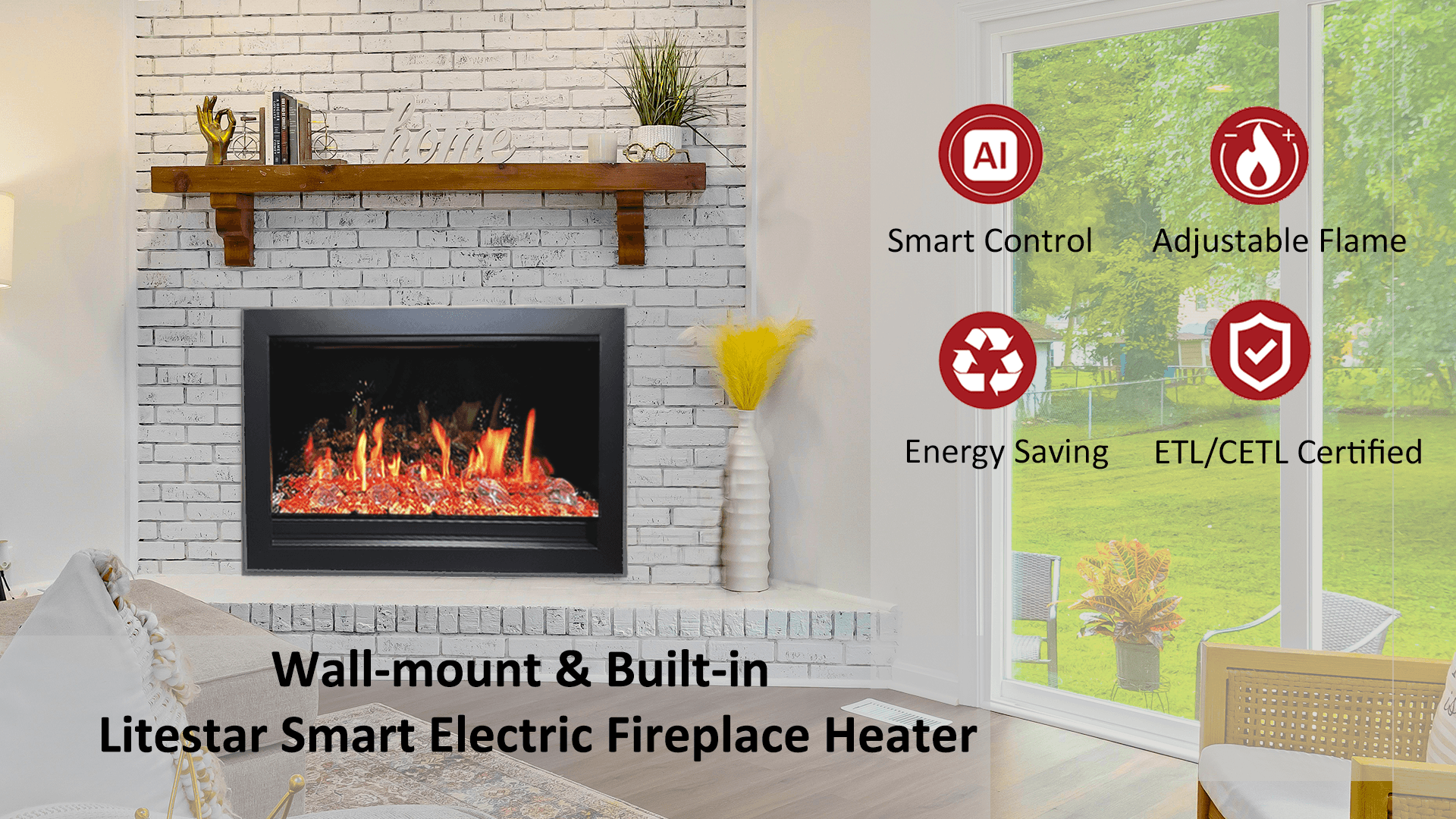 Litedeer Homes LiteStar 38" Black Smart Multi Flame Wall Mount Electric Fireplace Insert With Luster Copper Reflective Glass