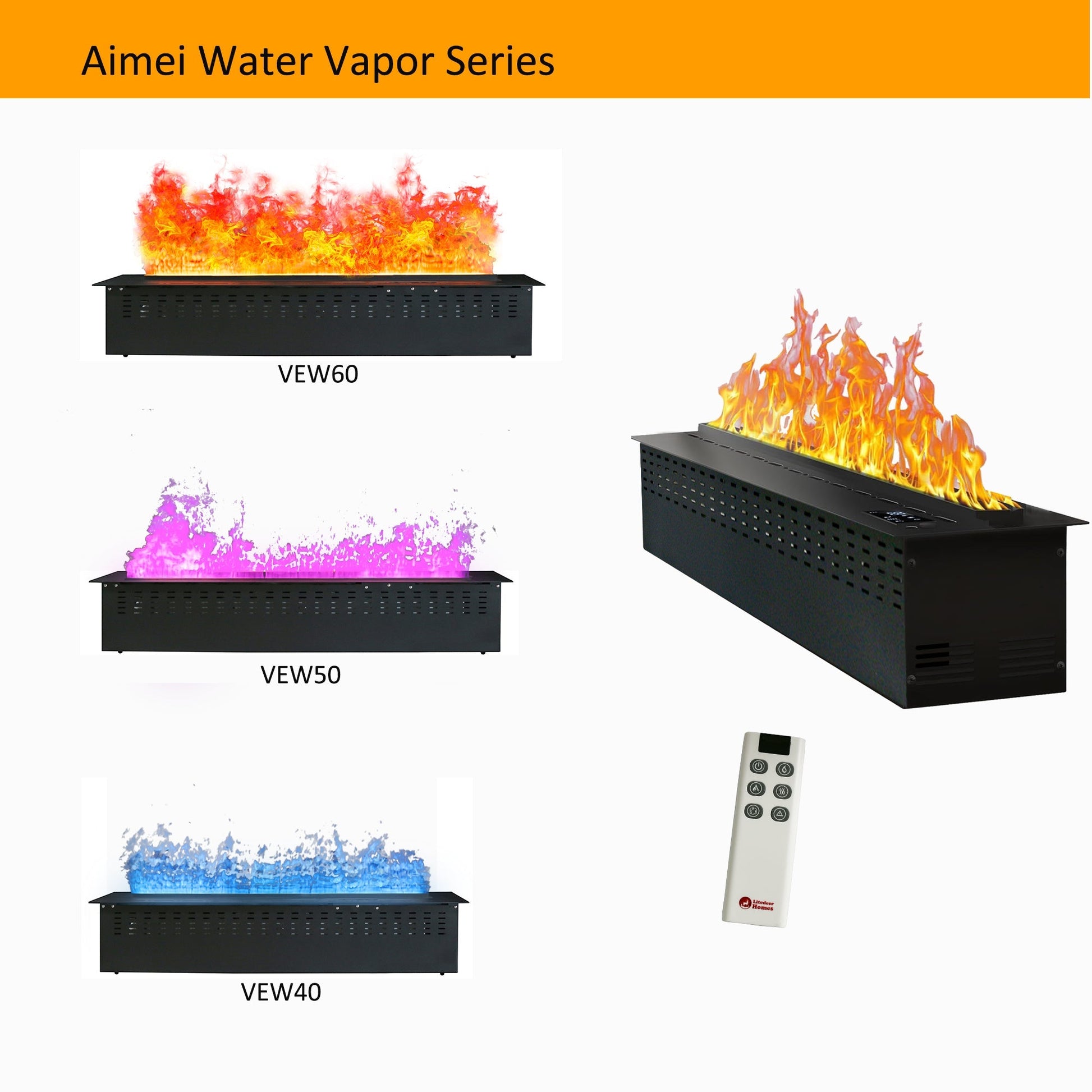 Litedeer Homes Mercury 50" Black Smart Control Water Vapor Electric Fireplace Cassette