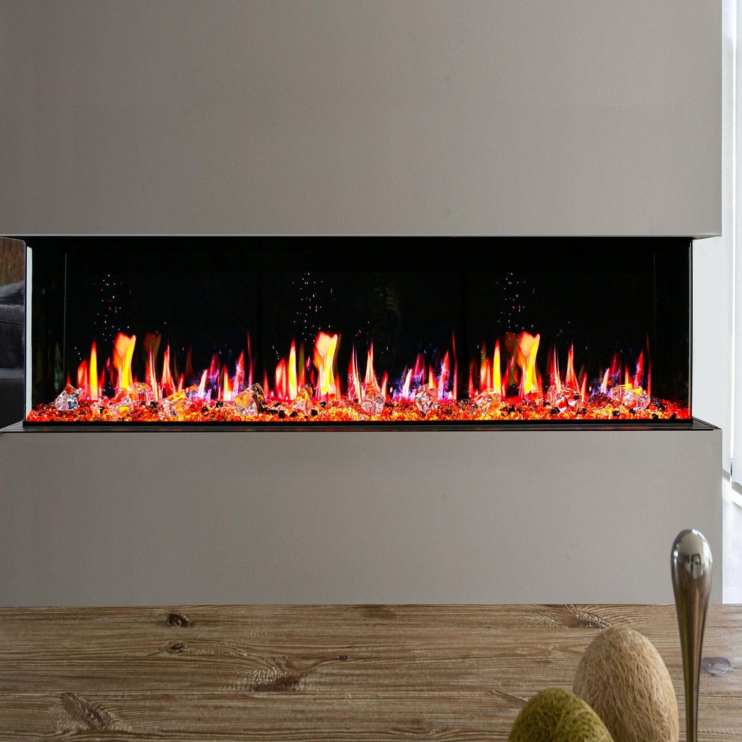 Litedeer Homes WarmCastle 72" Black 3-Side Smart Electric Fireplace With Amber Reflective Glass