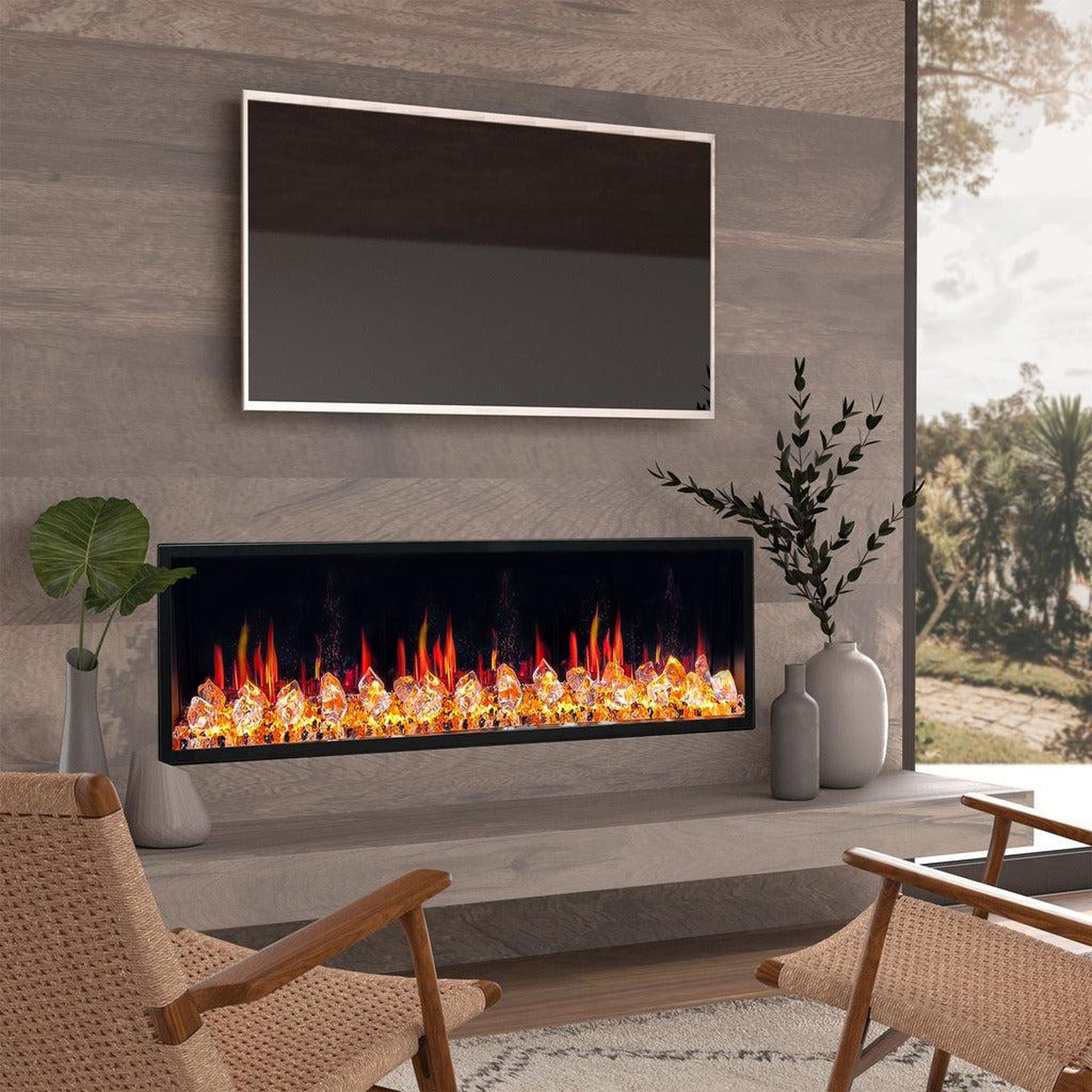 Litedeer Latitude 65" Ultra Slim WiFi Enabled Built-In Electric Fireplace with Acrylic Crushed Ice Rocks