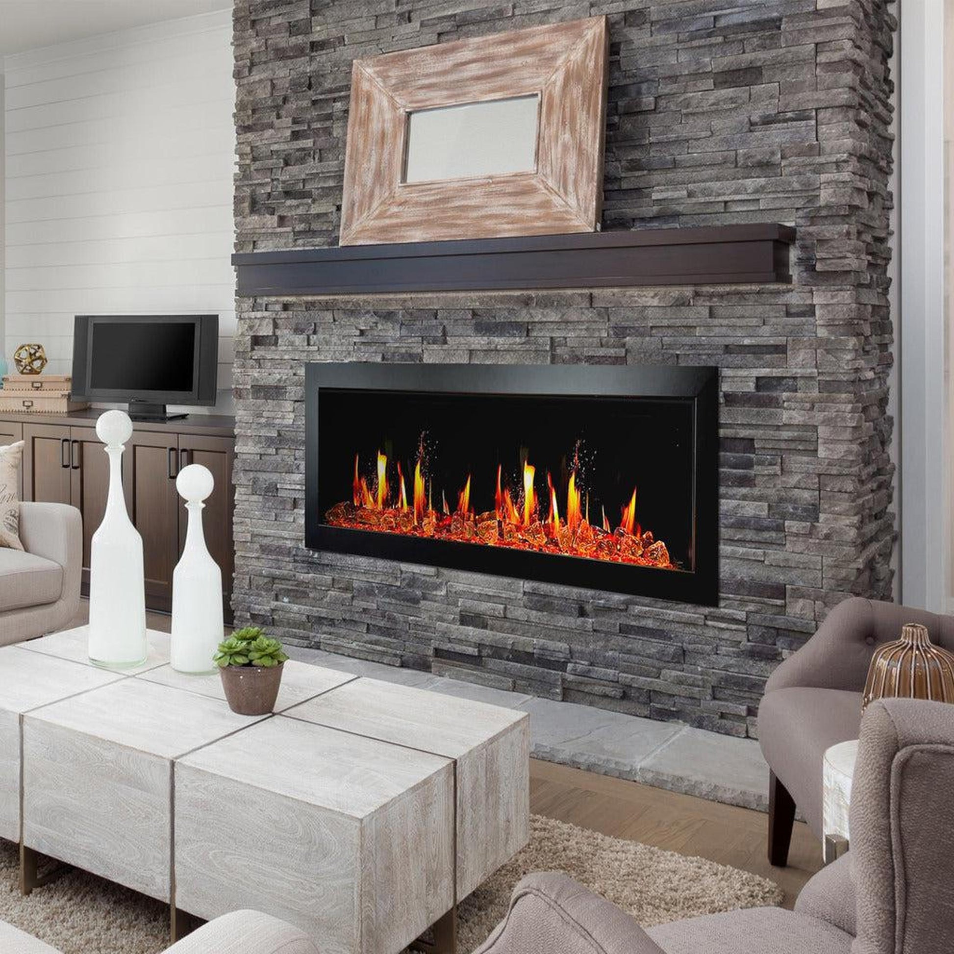Litedeer Latitude II 58" Seamless Push-In Electric Fireplace with Reflective Fire Glass (Luster Copper)