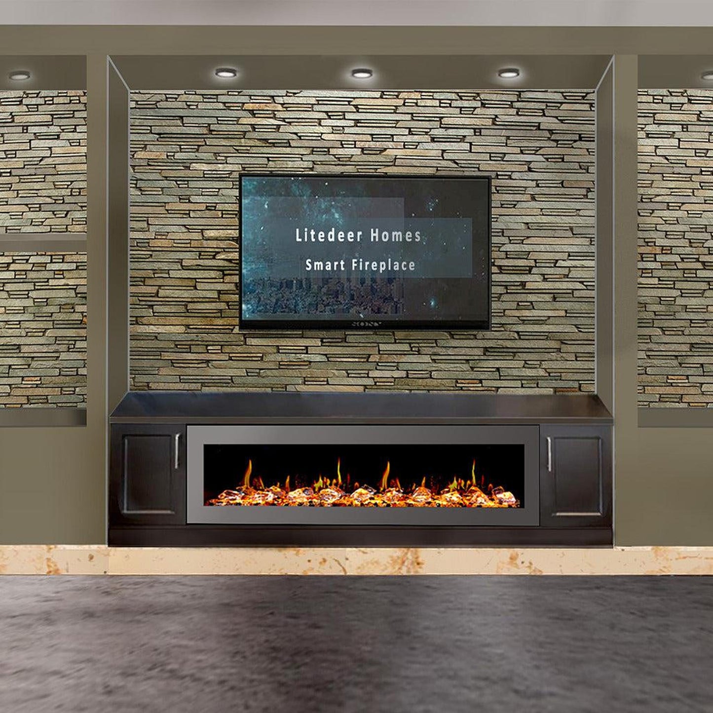 Litedeer Latitude II 68" Seamless Push-In Electric Fireplace with Acrylic Crushed Ice Rocks