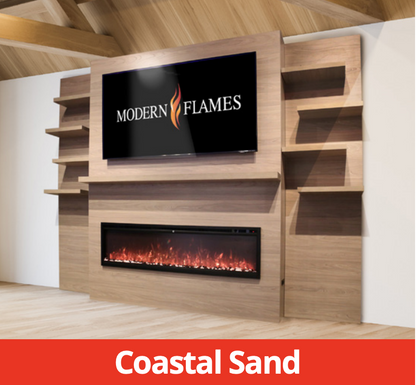 Modern Flames Weathered Walnut Allwood Media Wall System With Side Shelves for Spectrum Slimline 60" Fireplace