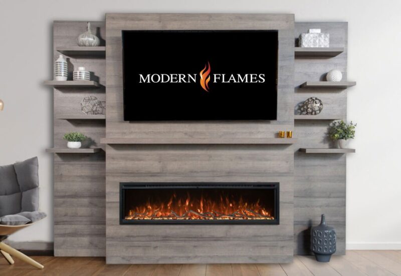 Modern Flames Weathered Walnut Allwood Media Wall System With Side Shelves for Spectrum Slimline 60" Fireplace