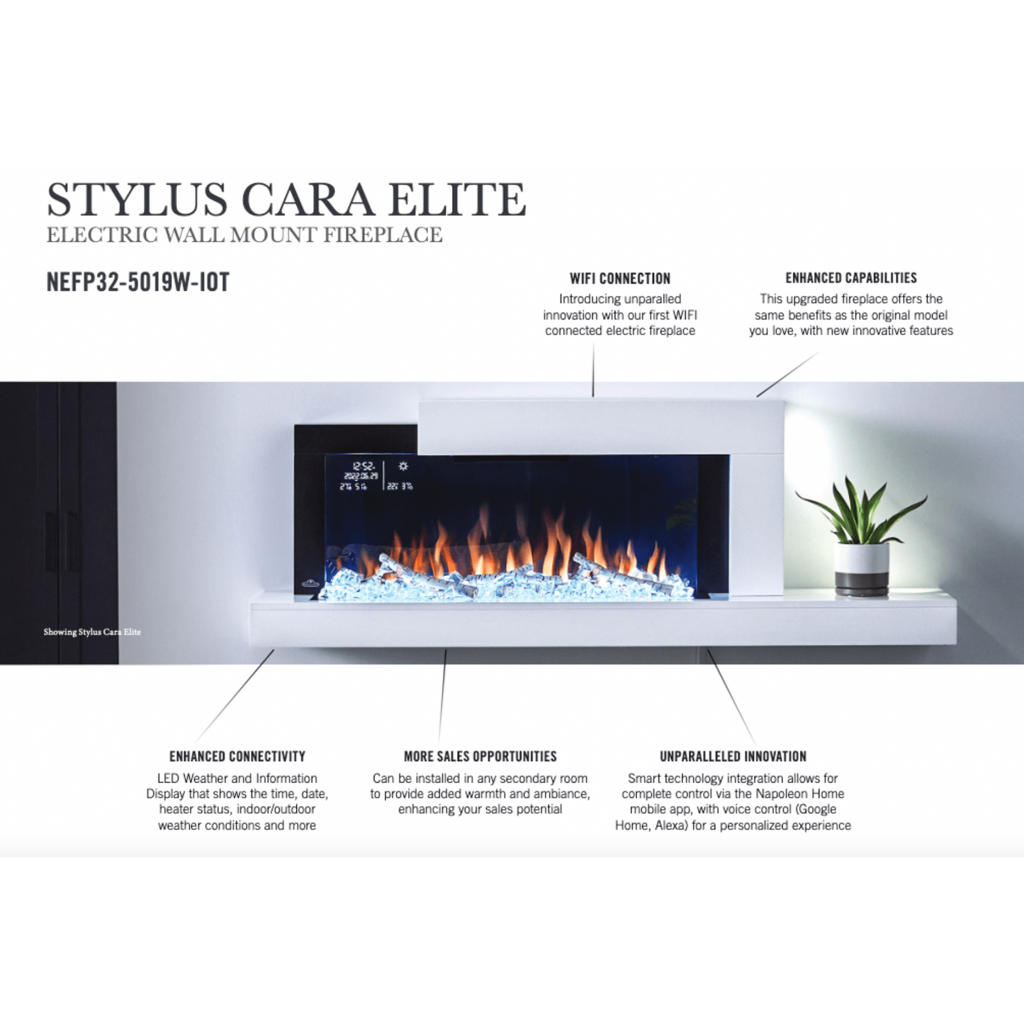 Napoleon Stylus Cara Elite 59" Wall-Mounted Electric Fireplace with Shelf