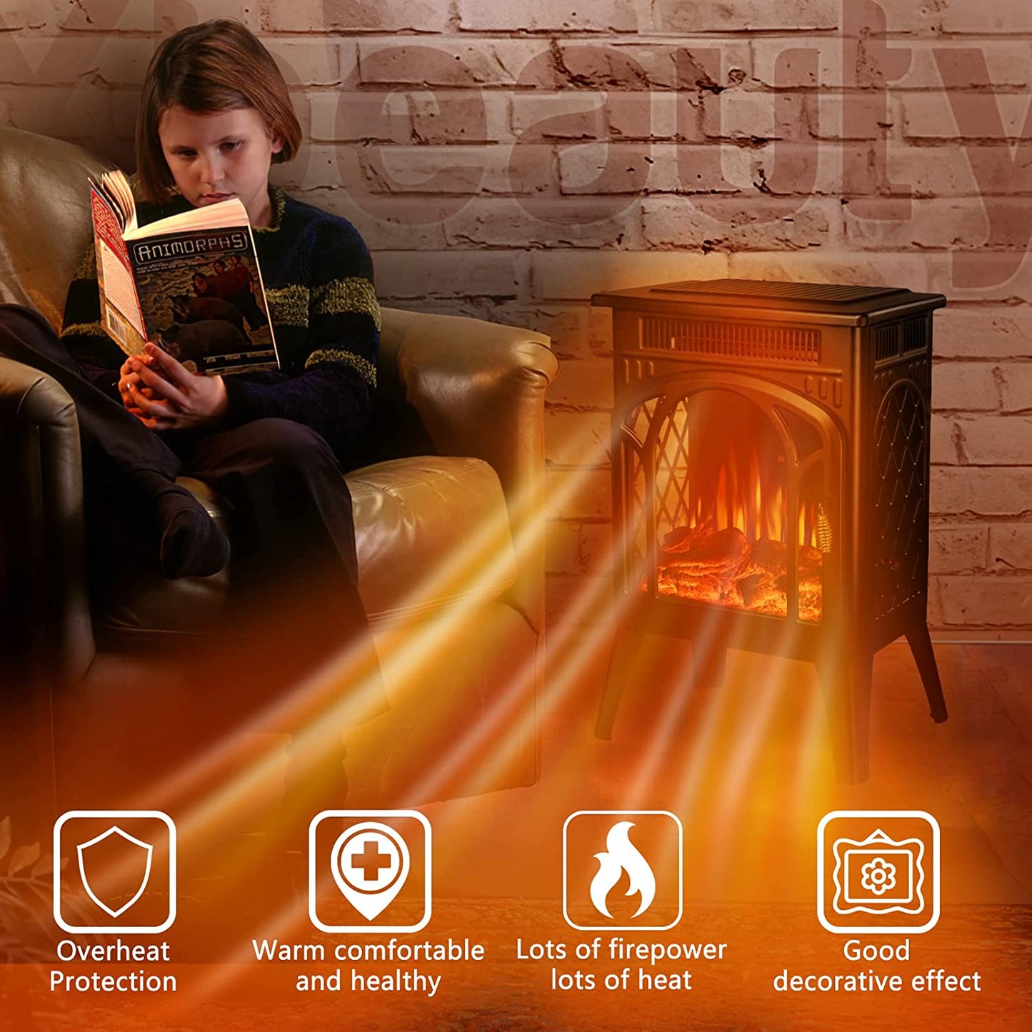 R.W.FLAME 16" Black 500W-1500W Freestanding Electric Fireplace With Remote Control
