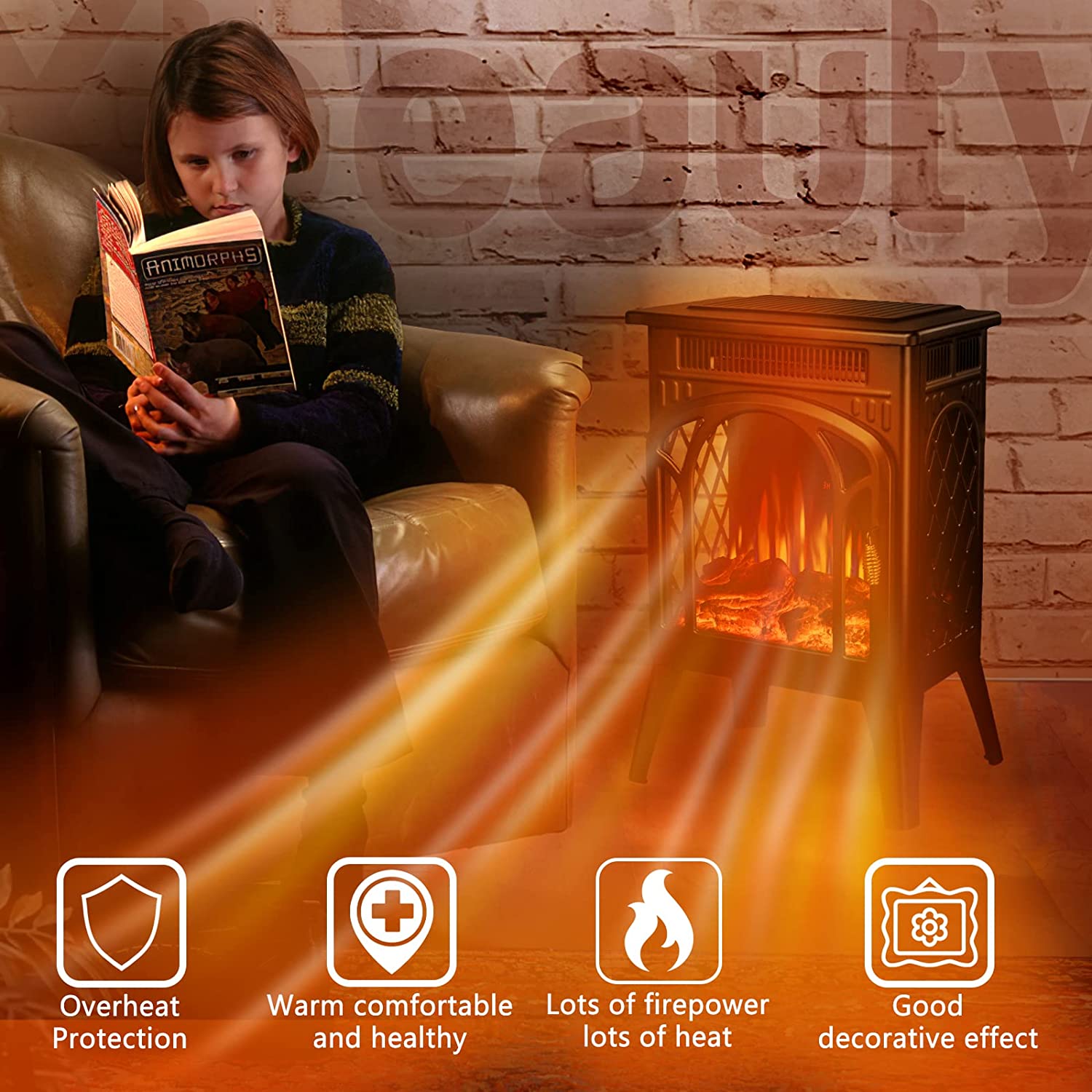R.W.FLAME 16" Black 500W-1500W Freestanding Electric Fireplace With Remote Control