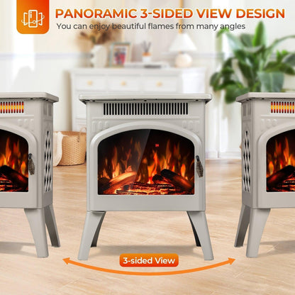 R.W.FLAME 17" Beige 500W-1500W Freestanding Electric Fireplace Heater With Flame Effects and Log Set Colors, Adjustable Brightness and Heating Mode
