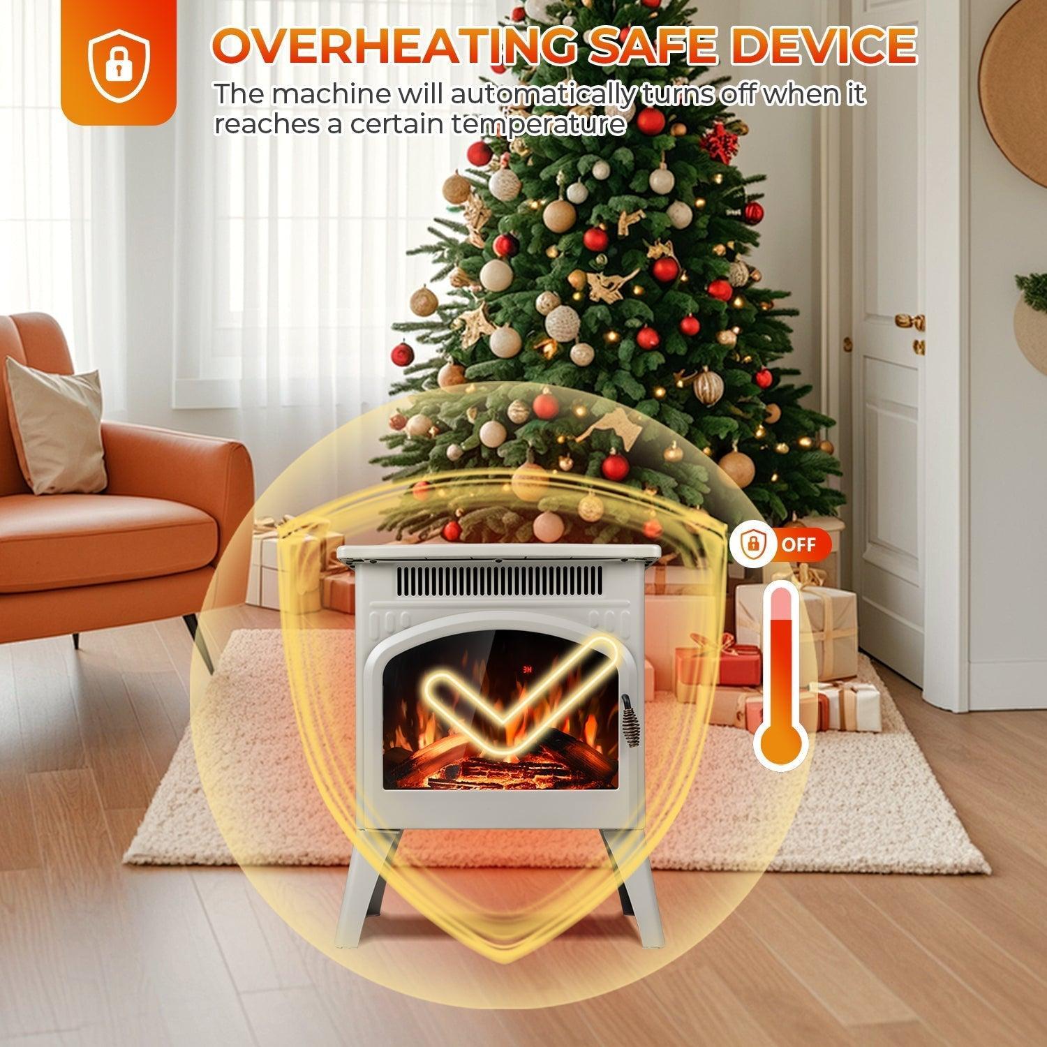 R.W.FLAME 17" Beige 500W-1500W Freestanding Electric Fireplace Heater With Flame Effects and Log Set Colors, Adjustable Brightness and Heating Mode