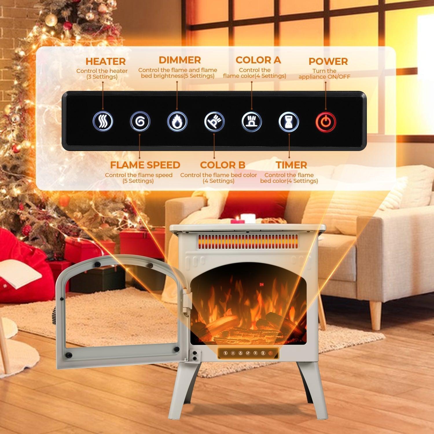 R.W.FLAME 17" Beige 500W-1500W Freestanding Electric Fireplace Heater With Flame Effects and Log Set Colors, Adjustable Brightness and Heating Mode