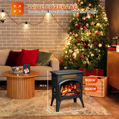R.W.FLAME 17" Black 500W-1500W Freestanding Electric Fireplace Heater With Flame Effects and Log Set Colors, Adjustable Brightness and Heating Mode