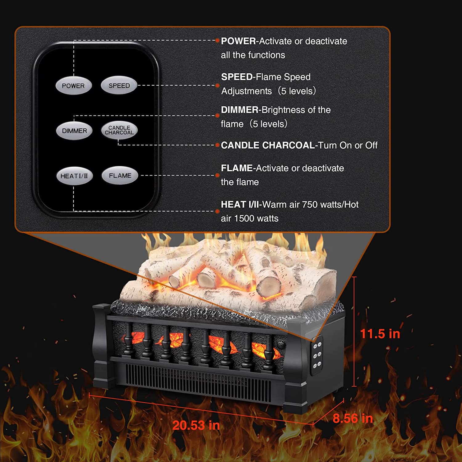 R.W.FLAME 21" Birch 750W/1500W Electric Fireplace Log Set Heater With Remote Control