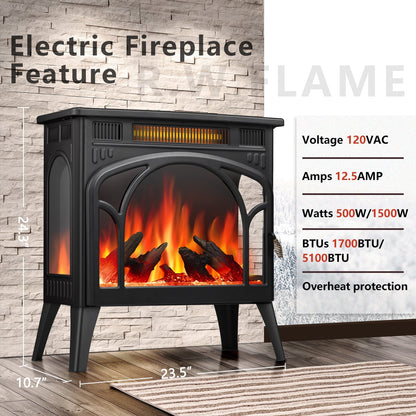 R.W.FLAME 24" Black 500W-1500W Electric Fireplace Heater With 3D-Realistic Flame Effect and Different Flame Colors