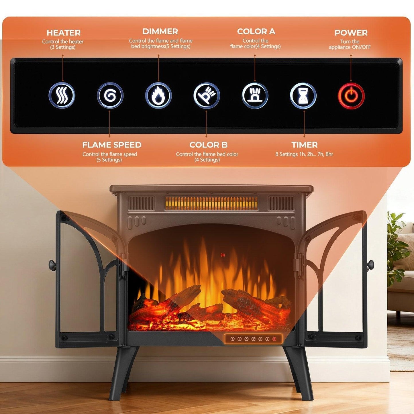 R.W.FLAME 24" Black 500W-1500W Freestanding Electric Fireplace Stove