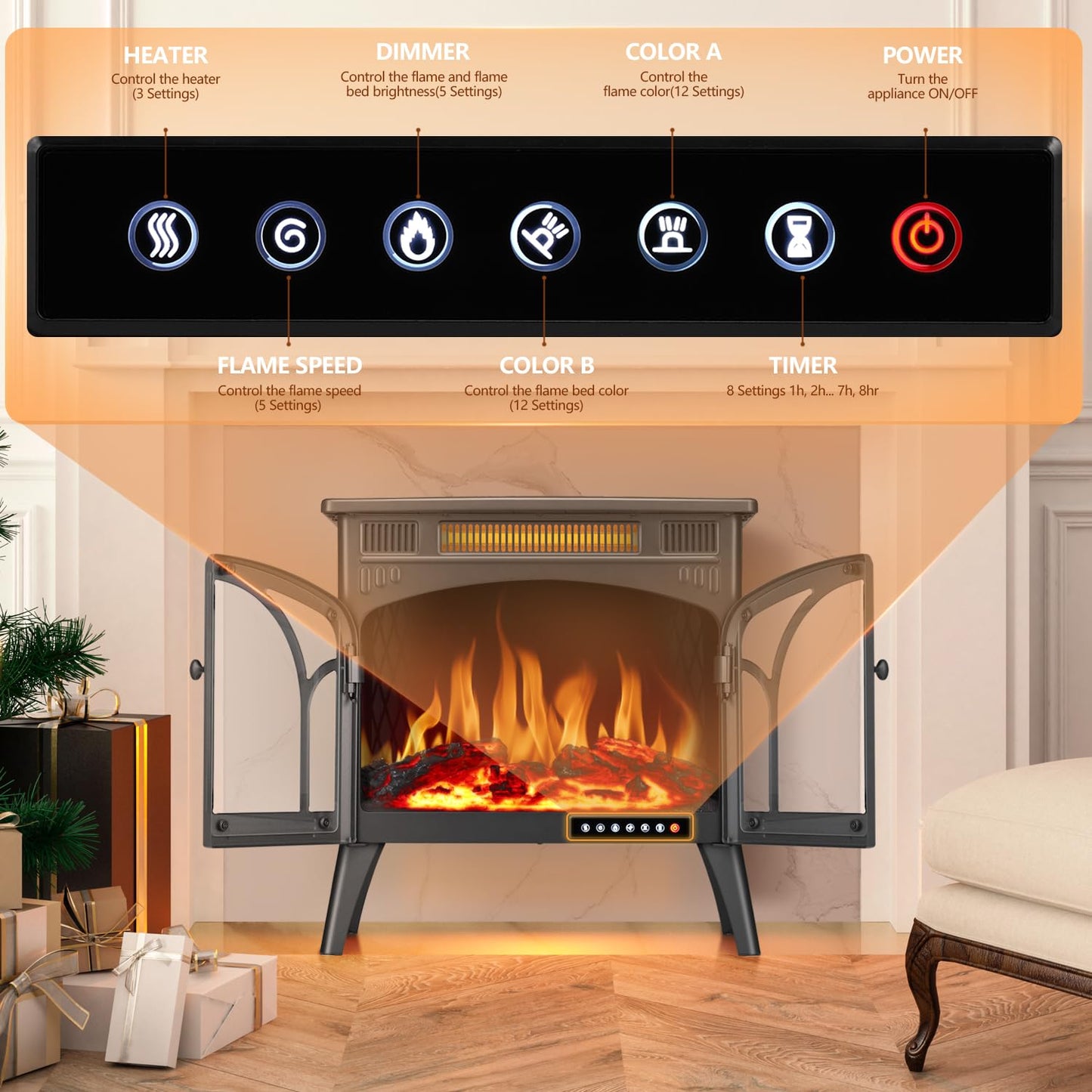 R.W.FLAME 24" Gray 500W-1500W Freestanding Electric Fireplace Stove