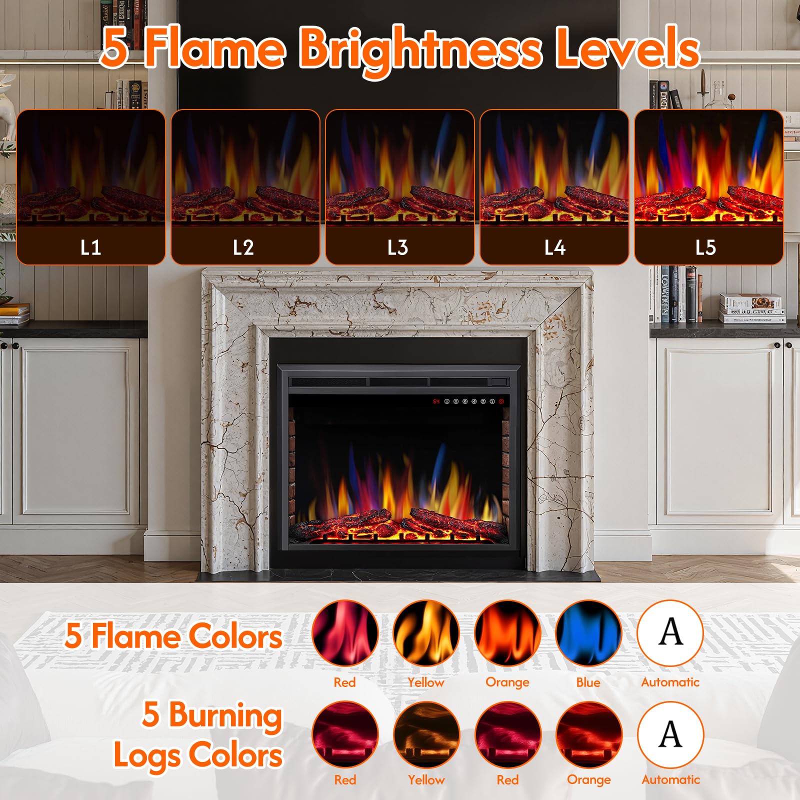 R.W.FLAME 36" Black 750W-1500W Electric Fireplace Insert With Adjustable Flame Colors, Brightness, Touch Panel and Remote Control