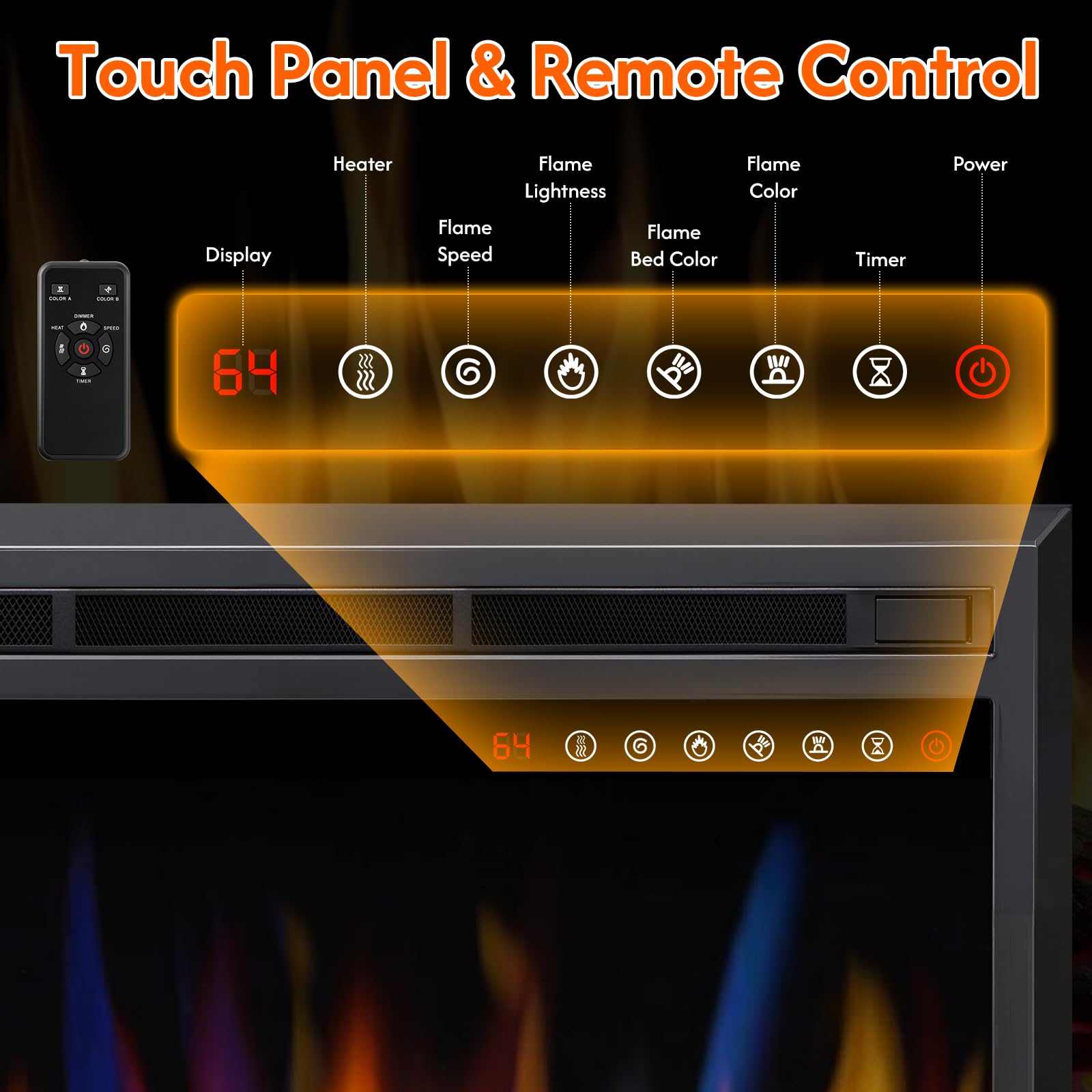 R.W.FLAME 36" Black 750W-1500W Electric Fireplace Insert With Adjustable Flame Colors, Brightness, Touch Panel and Remote Control