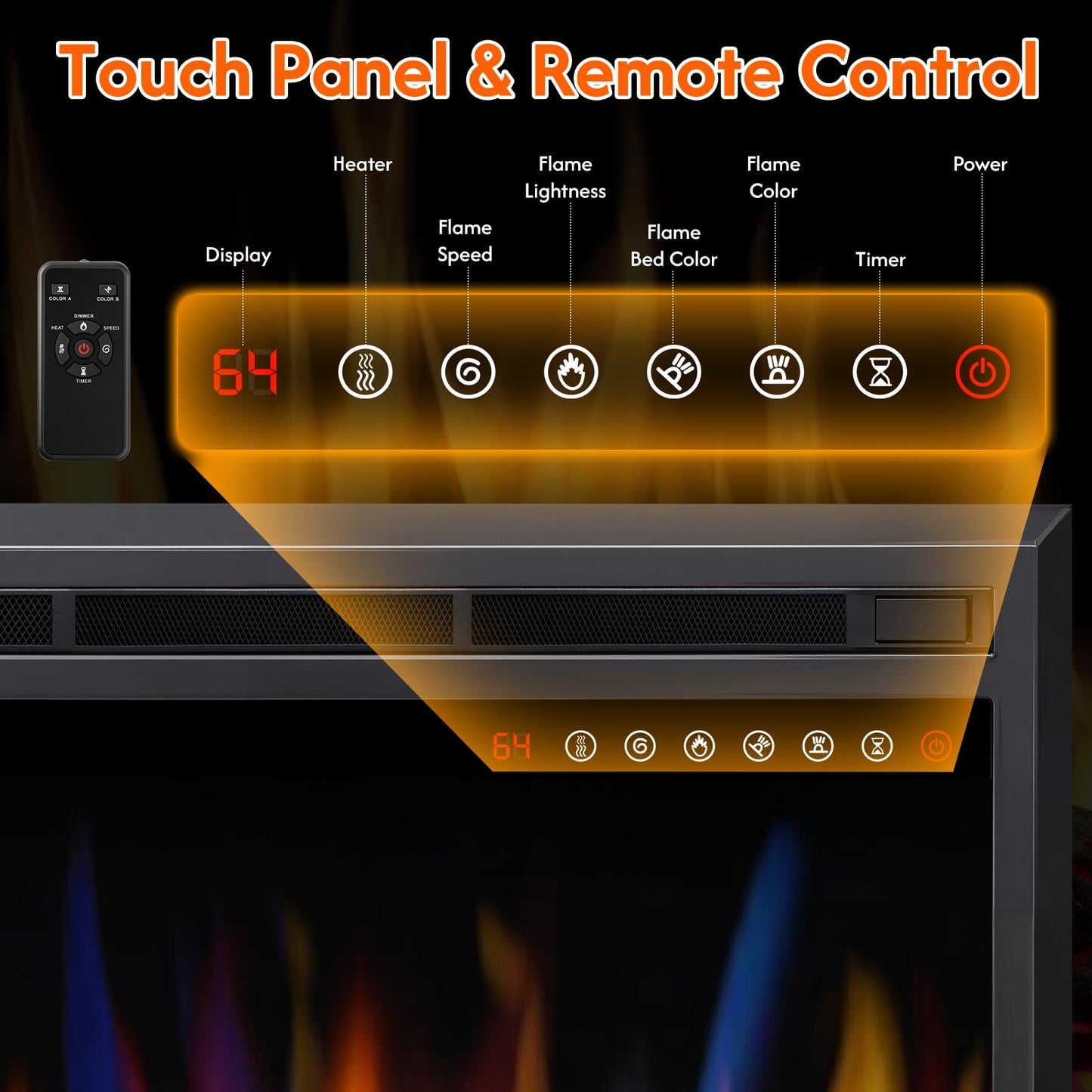R.W.FLAME 36" Black 750W-1500W Electric Fireplace Insert With Adjustable Flame Colors, Brightness, Touch Panel and Remote Control