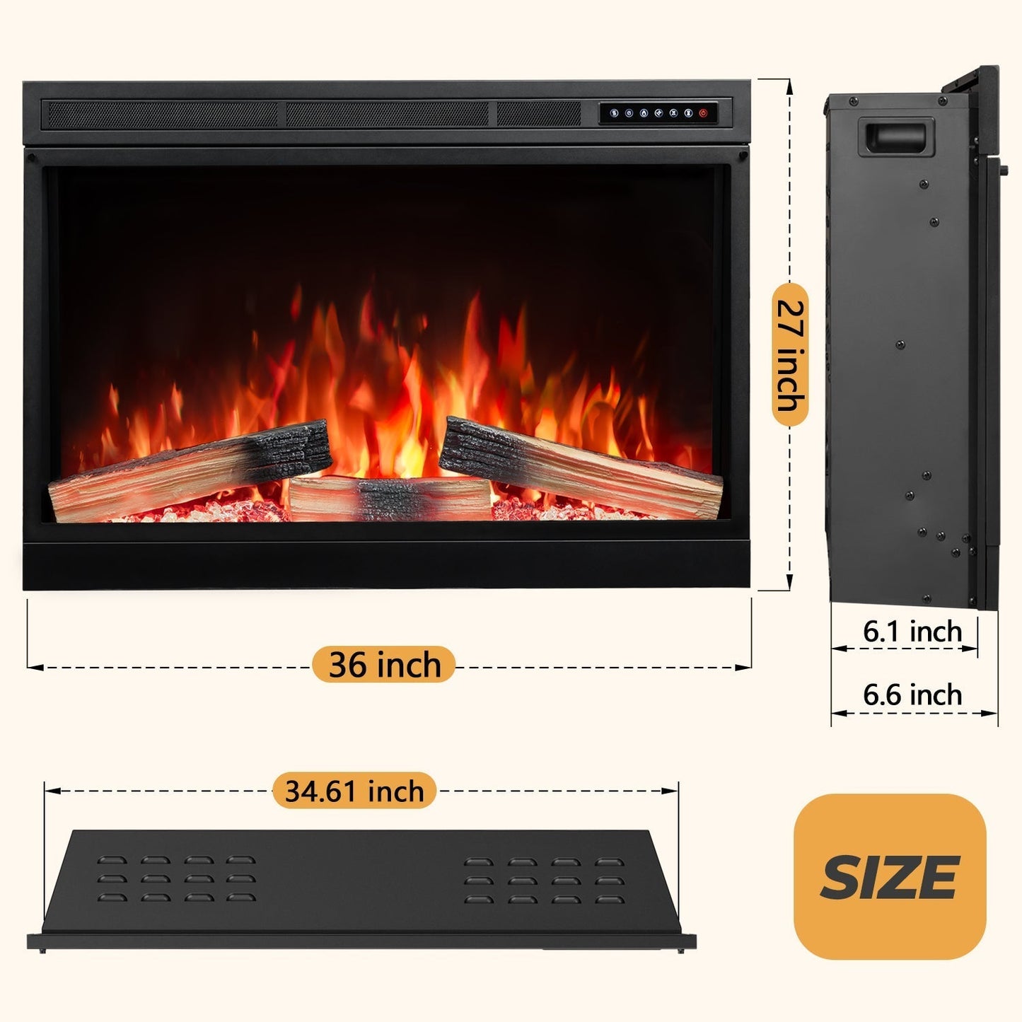 R.W.FLAME 36" Black 750W-1500W Electric Fireplace Insert With Remote Adjustable Temperature and Flame