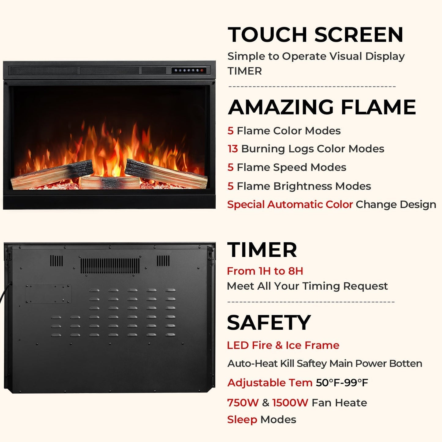 R.W.FLAME 36" Black 750W-1500W Electric Fireplace Insert With Remote Adjustable Temperature and Flame