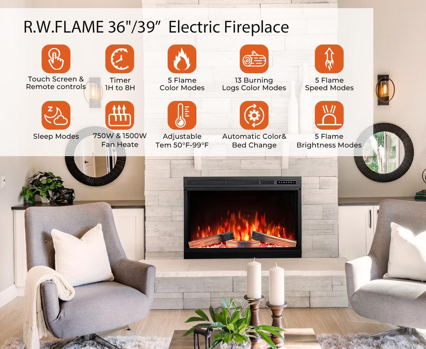 R.W.FLAME 36" Black 750W-1500W Electric Fireplace Insert With Remote Adjustable Temperature and Flame