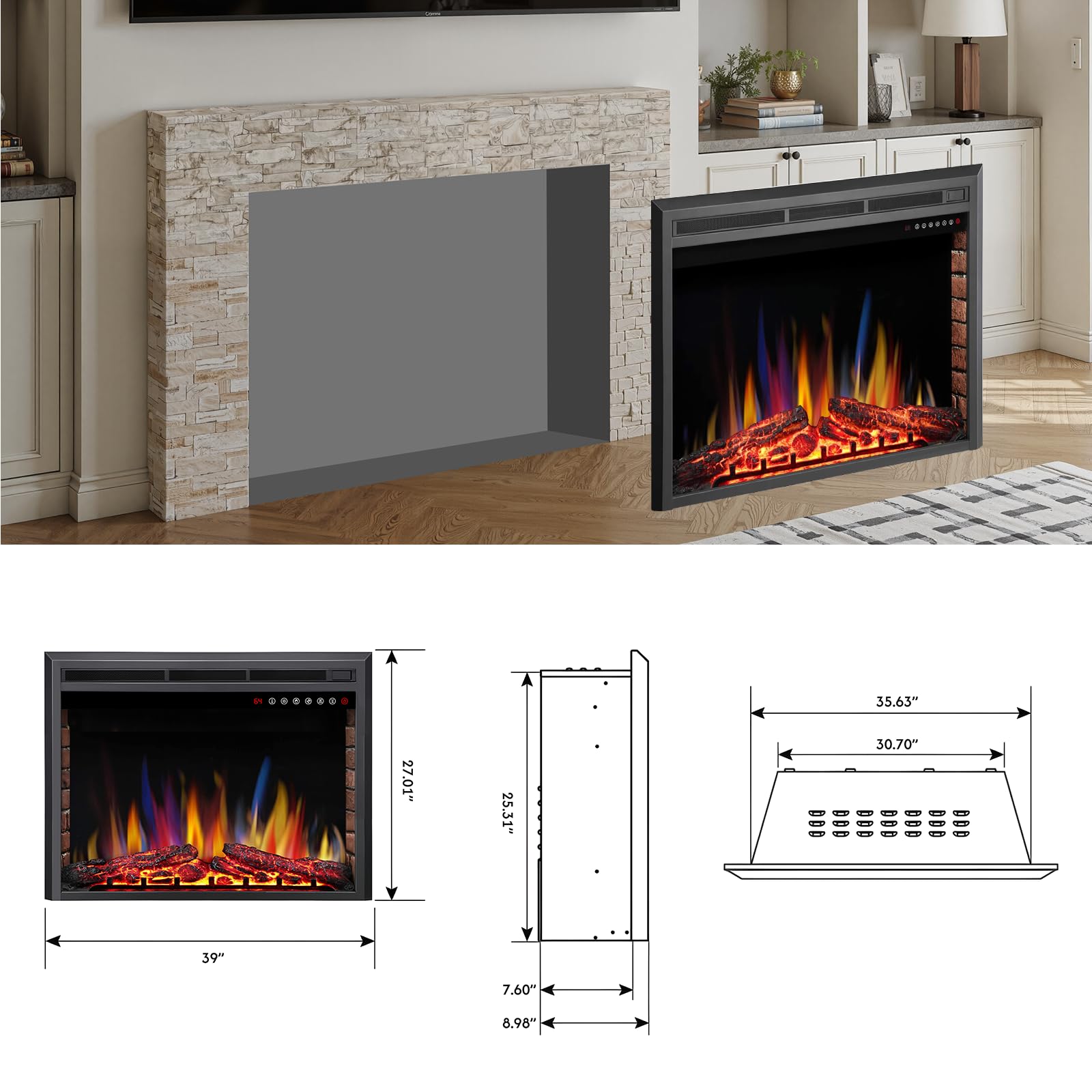 R.W.FLAME 39" Black 750W-1500W Electric Fireplace Insert With Adjustable Flame Colors, Brightness, Touch Panel and Remote Control