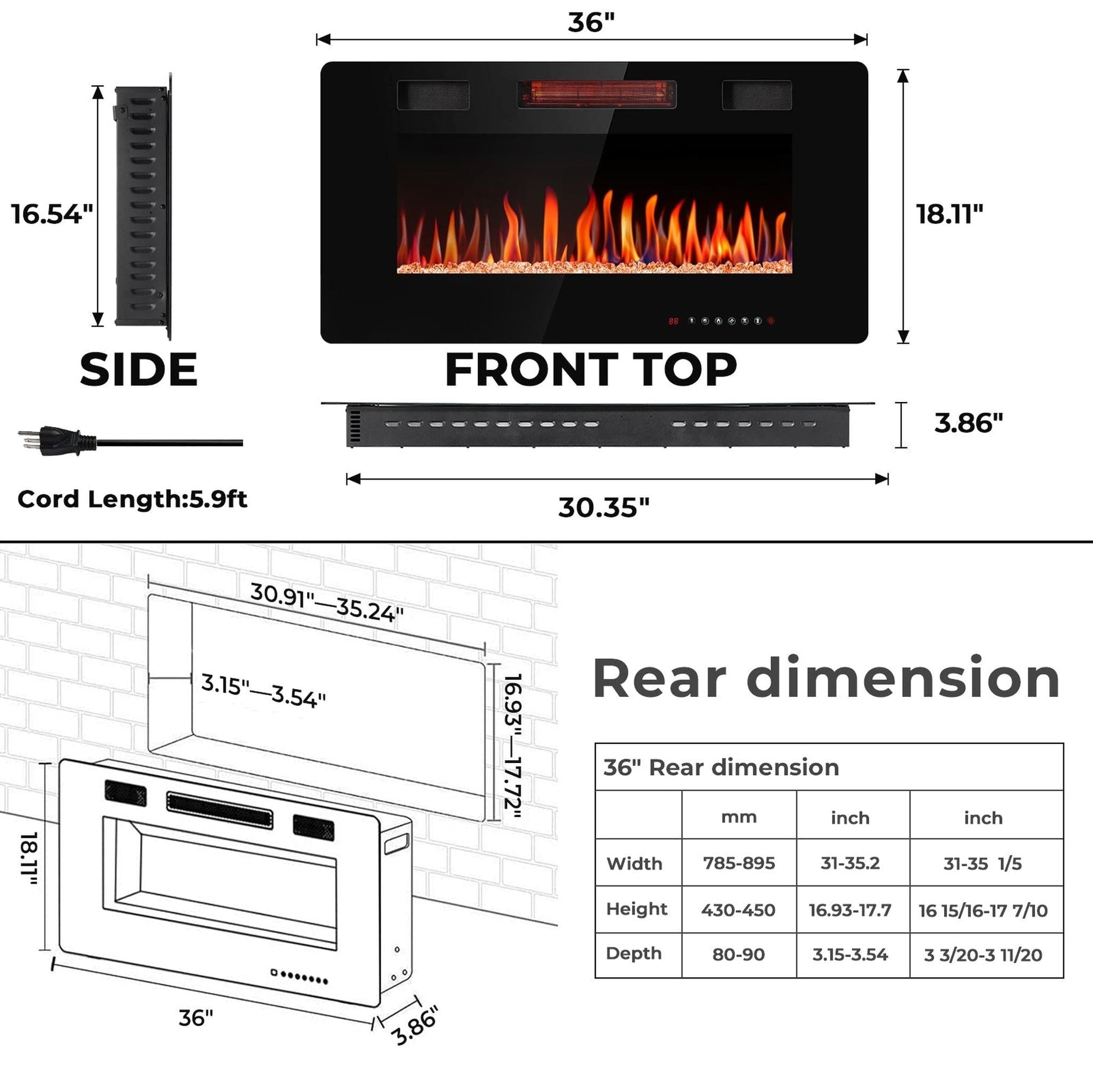 R.W.FLAME C3 Series 36" Black Ultra-Thin Recessed Wall-Mounted Electric Fireplace