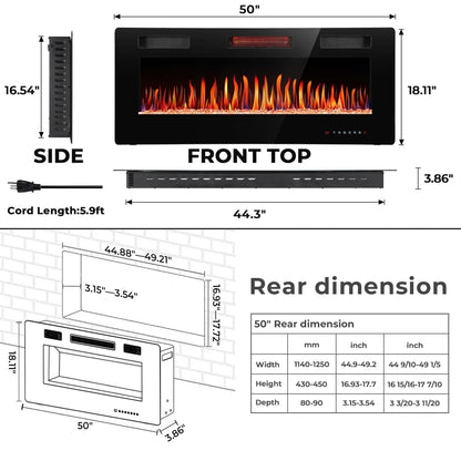 R.W.FLAME C3 Series 50" Black Ultra-Thin Recessed Wall-Mounted Electric Fireplace