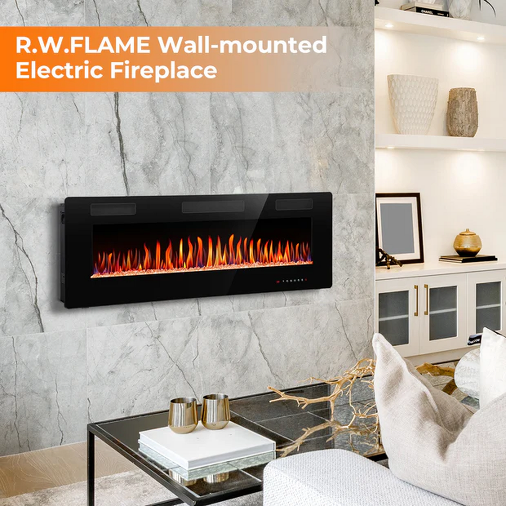 R.W.FLAME C3 Series 60" Black Ultra-Thin Recessed Wall-Mounted Electric Fireplace