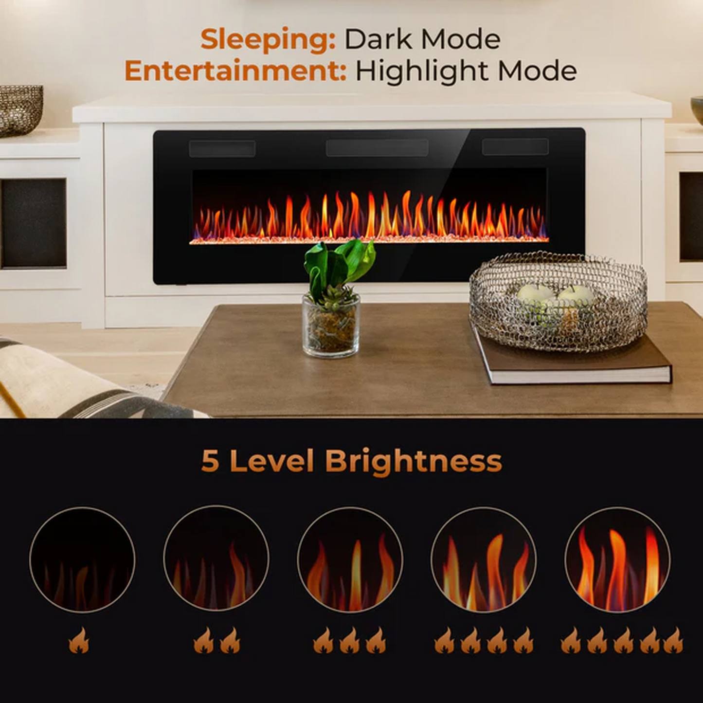 R.W.FLAME C3 Series 60" Black Ultra-Thin Recessed Wall-Mounted Electric Fireplace